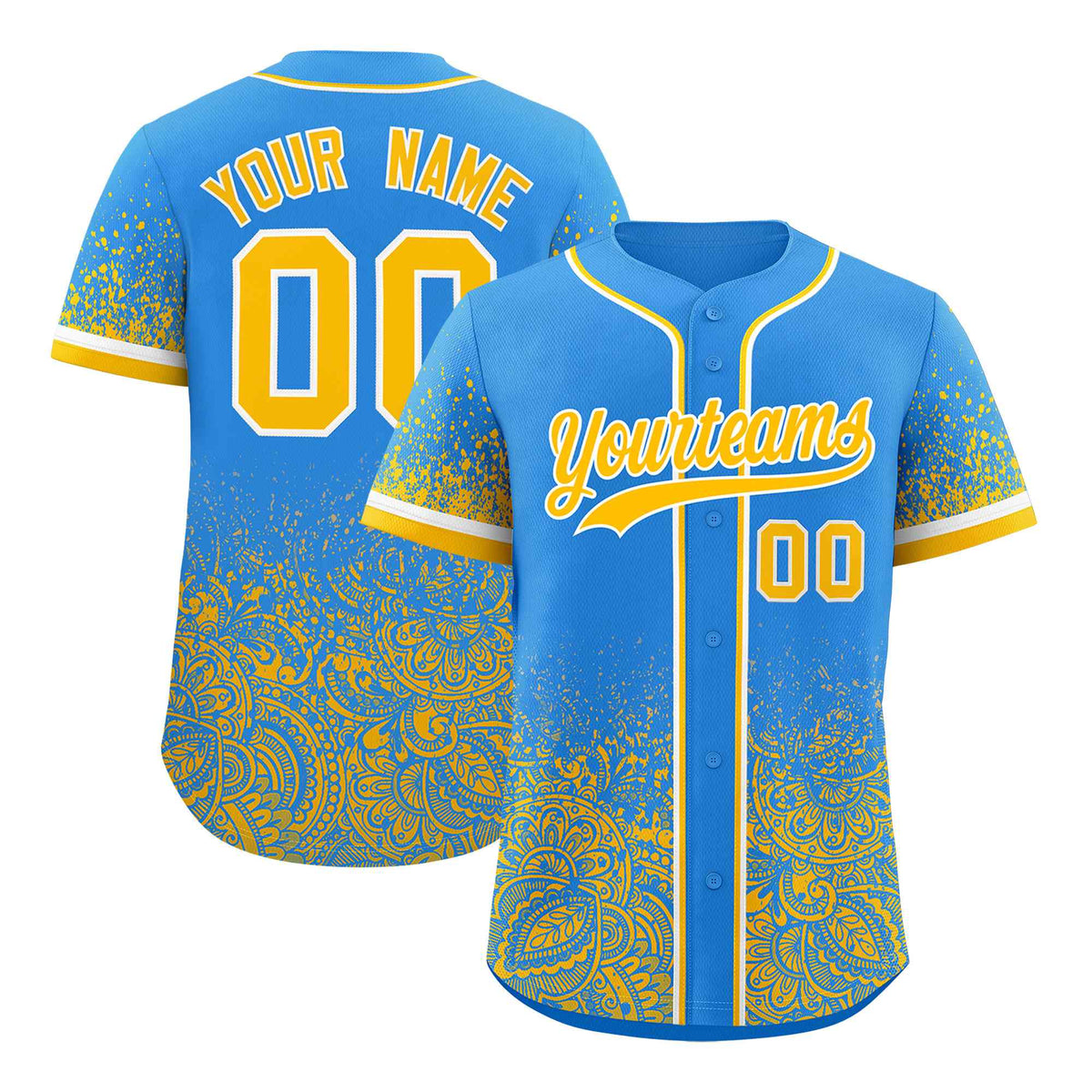 Custom Light Blue Yellow Floral Print Pattern Full Button Gradient Fashion Baseball Jersey