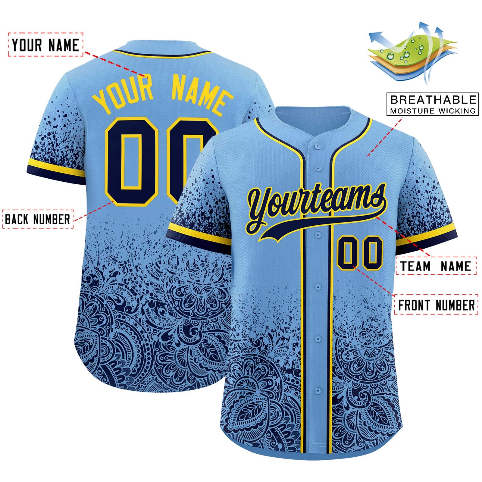 Custom Powder Blue Navy Floral Print Pattern Full Button Gradient Fashion Baseball Jersey