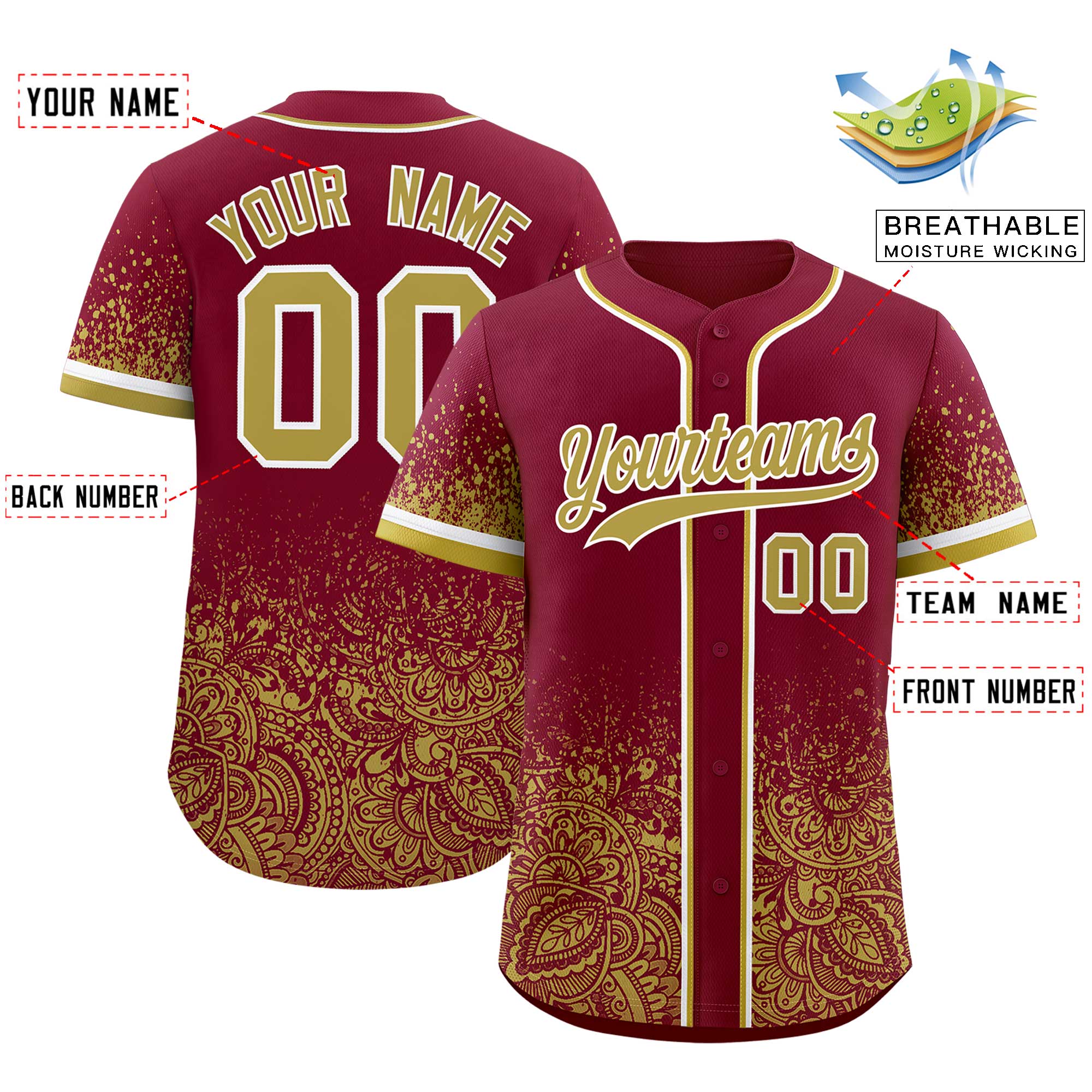 Custom Crimson Khaki Floral Print Pattern Full Button Gradient Fashion Baseball Jersey