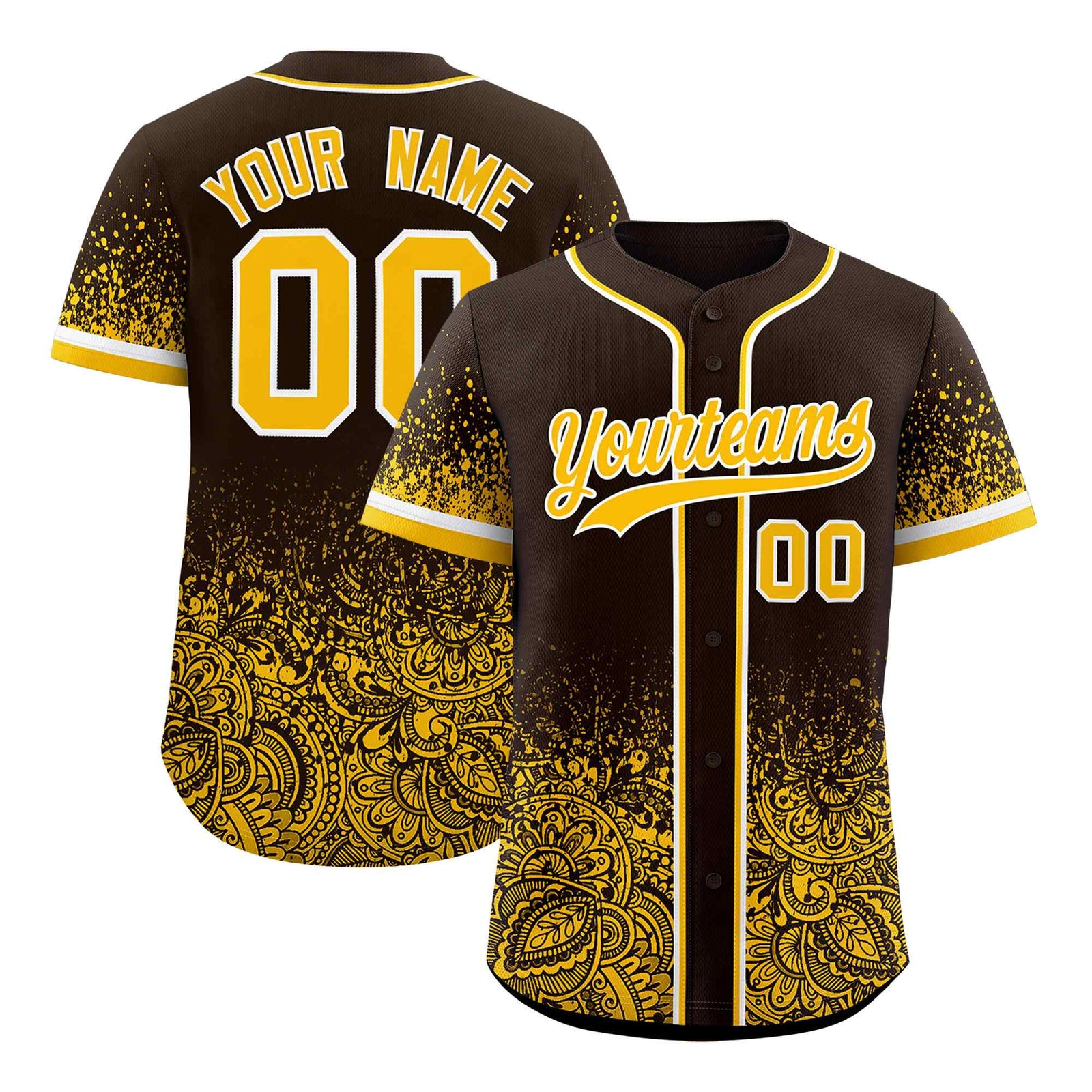 Custom Brown Yellow Floral Print Pattern Full Button Gradient Fashion Baseball Jersey
