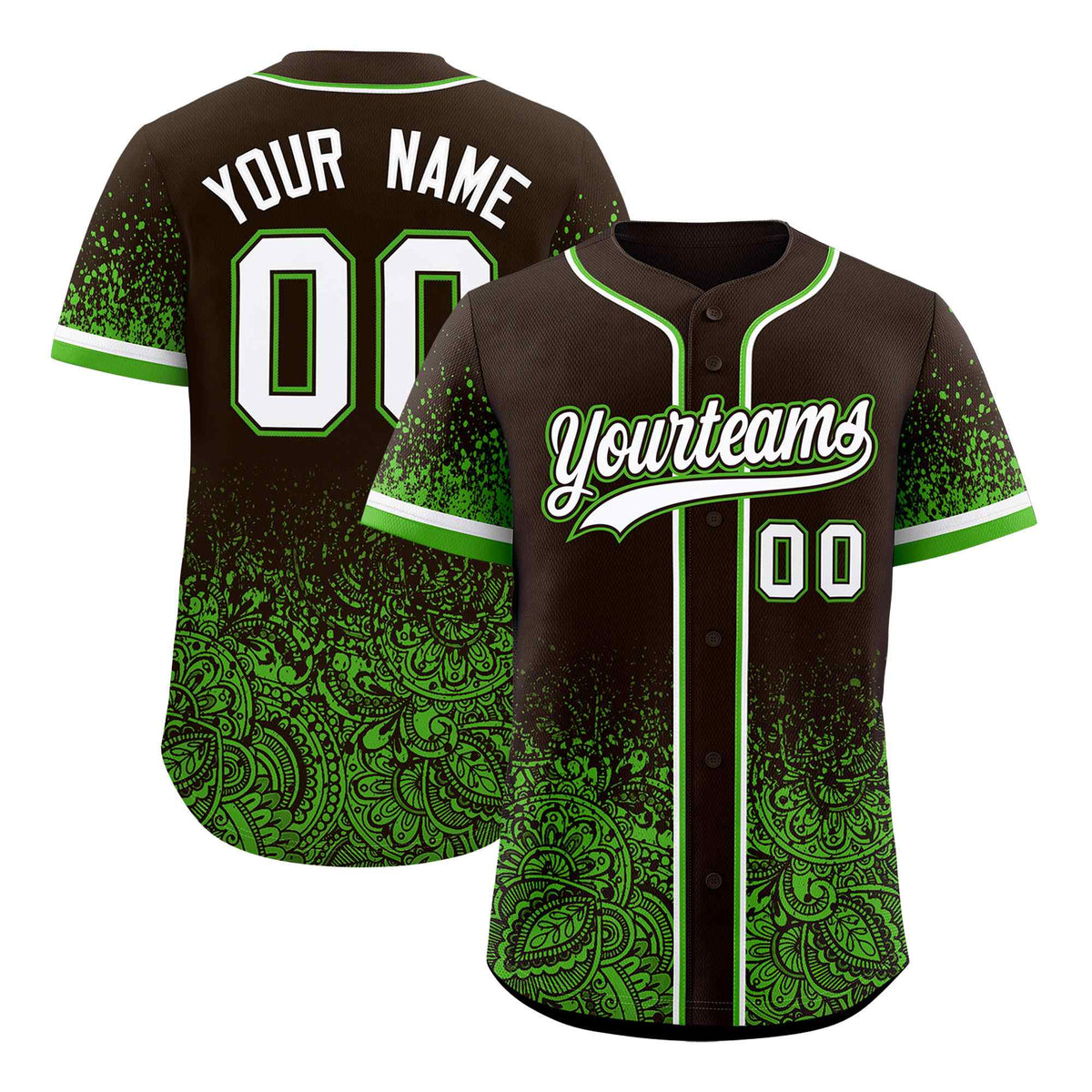 Custom Brown Green Floral Print Pattern Full Button Gradient Fashion Baseball Jersey