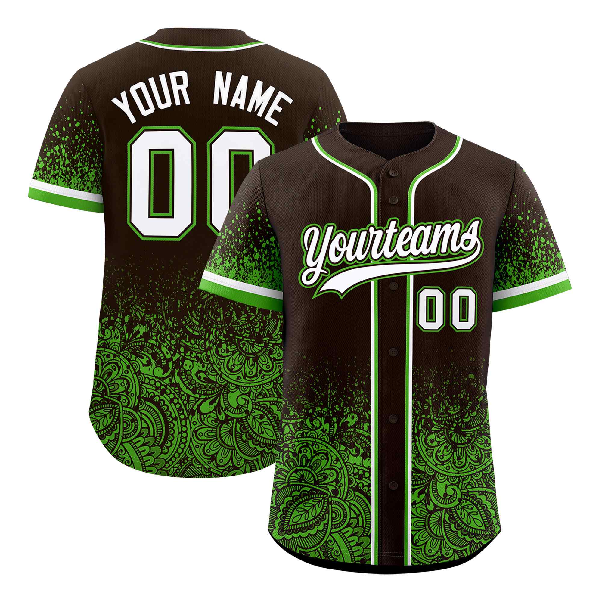 Custom Brown Green Floral Print Pattern Full Button Gradient Fashion Baseball Jersey