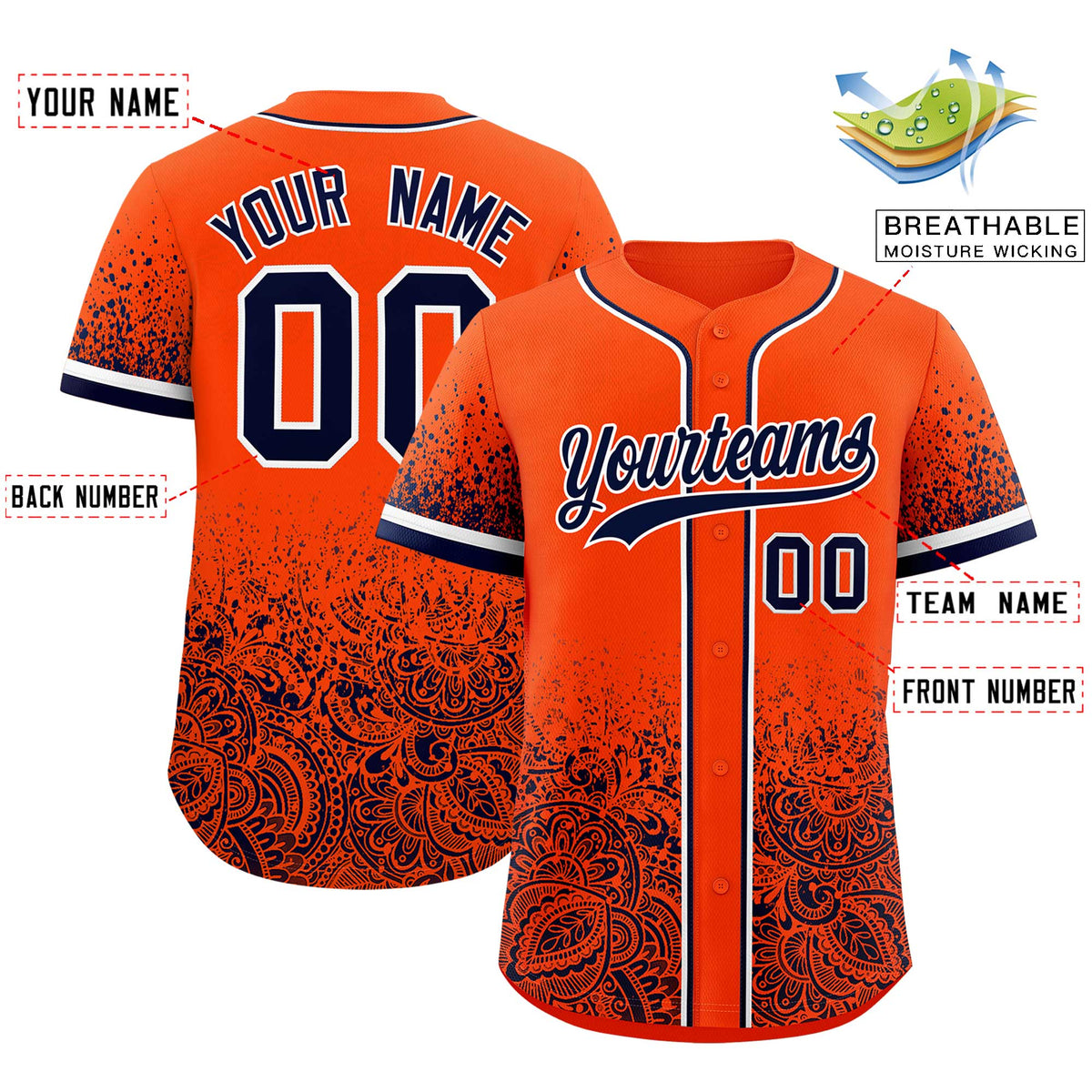 Custom Orange Navy Floral Print Pattern Full Button Gradient Fashion Baseball Jersey