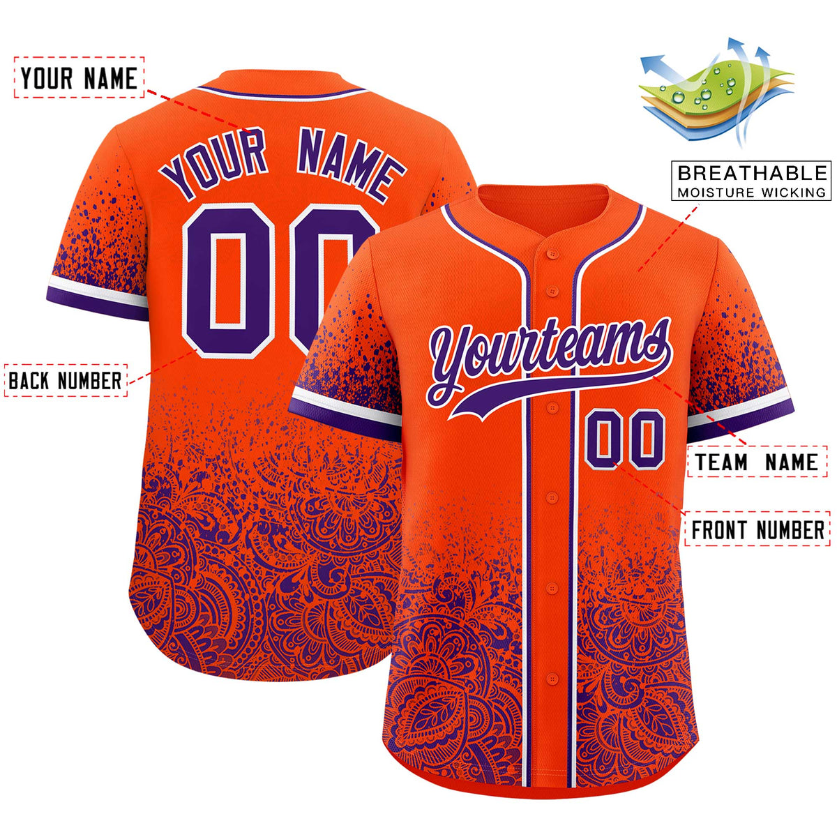 Custom Orange Purple Floral Print Pattern Full Button Gradient Fashion Baseball Jersey