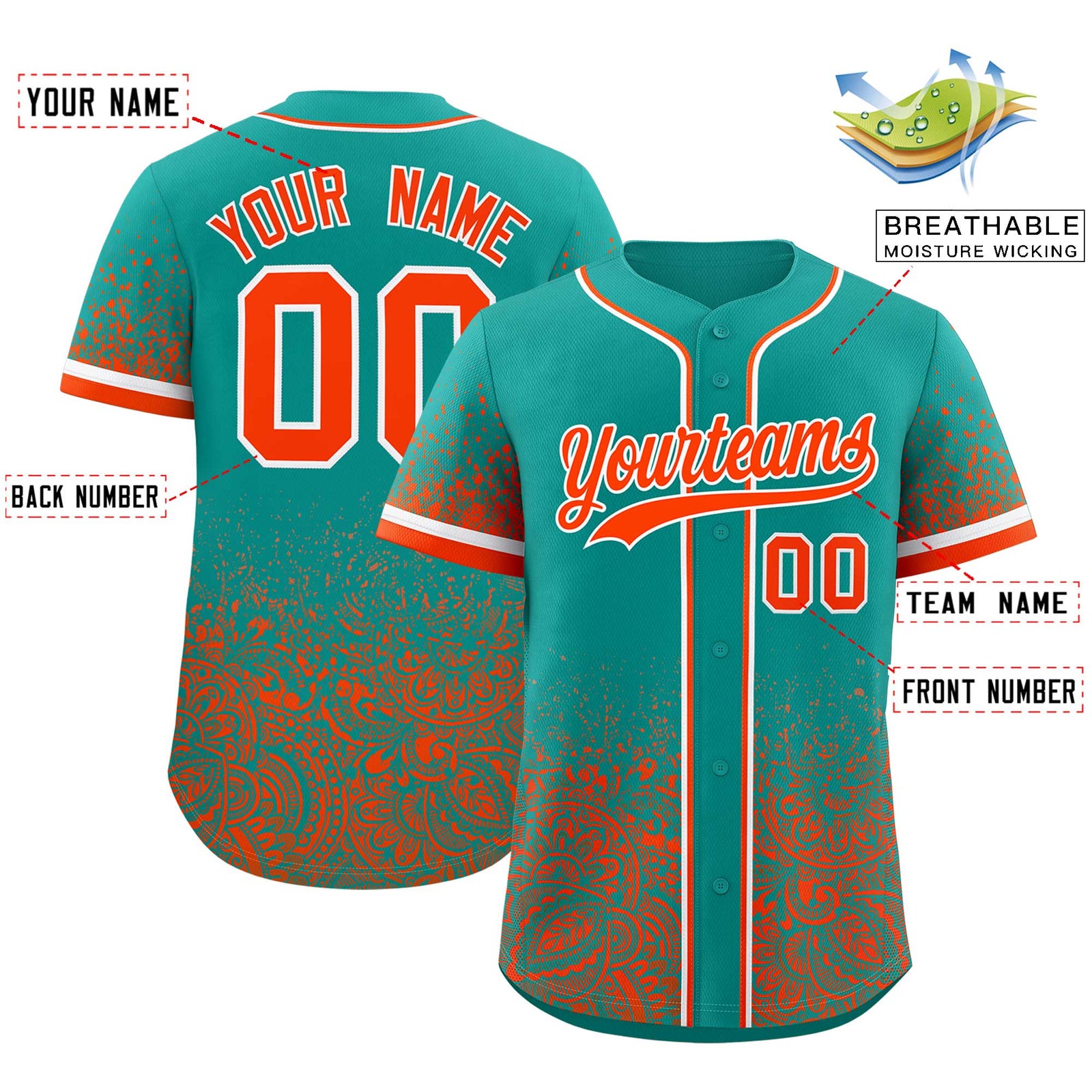 Custom Aqua Orange Floral Print Pattern Full Button Gradient Fashion Baseball Jersey