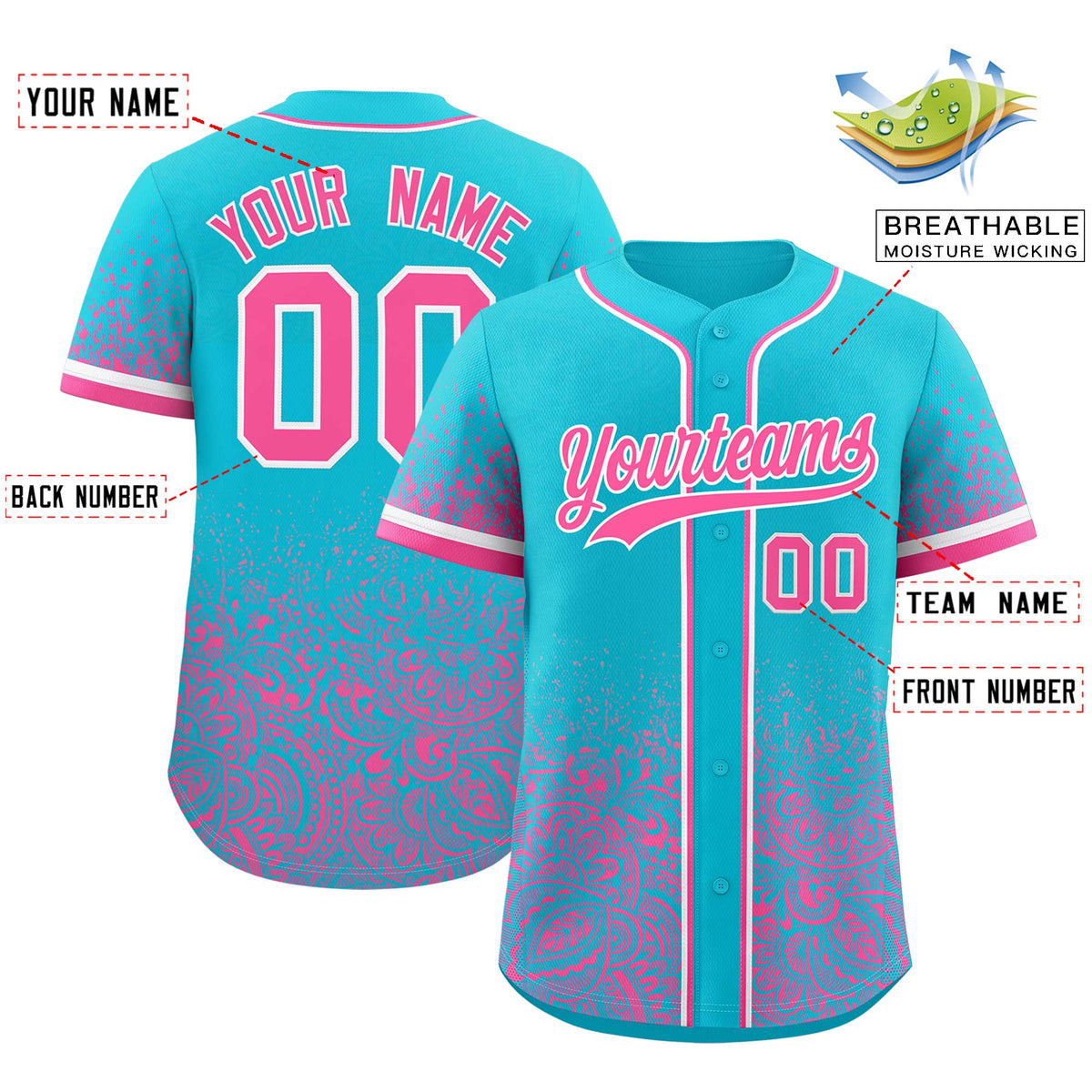 Custom Sky Blue Pink Floral Print Pattern Full Button Gradient Fashion Baseball Jersey