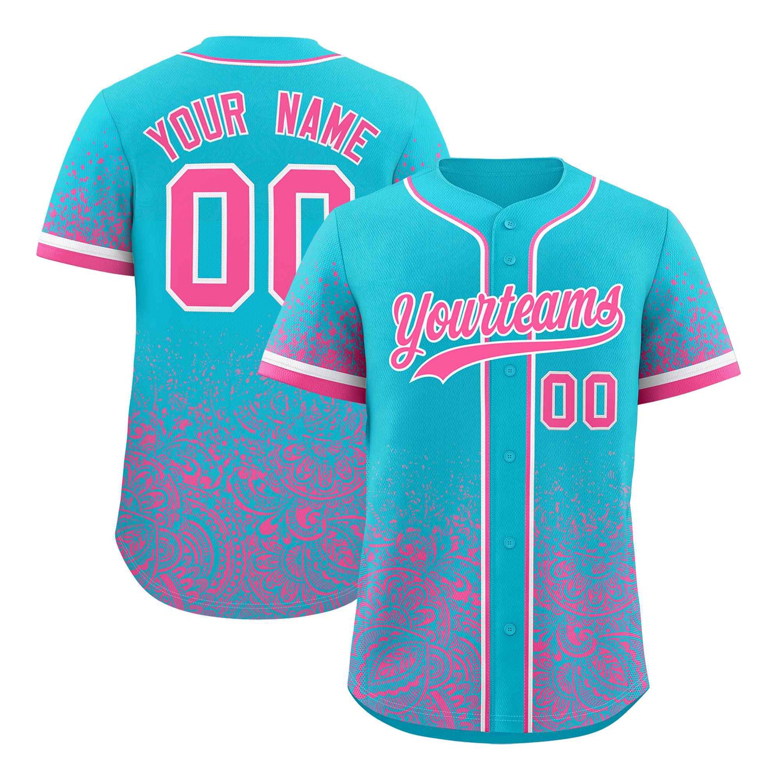 Custom Sky Blue Pink Floral Print Pattern Full Button Gradient Fashion Baseball Jersey