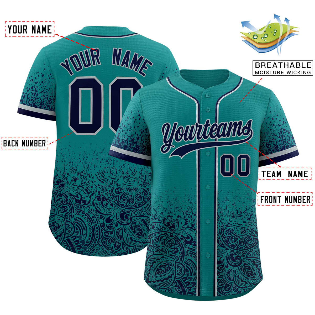 Custom Teal Navy Floral Print Pattern Full Button Gradient Fashion Baseball Jersey