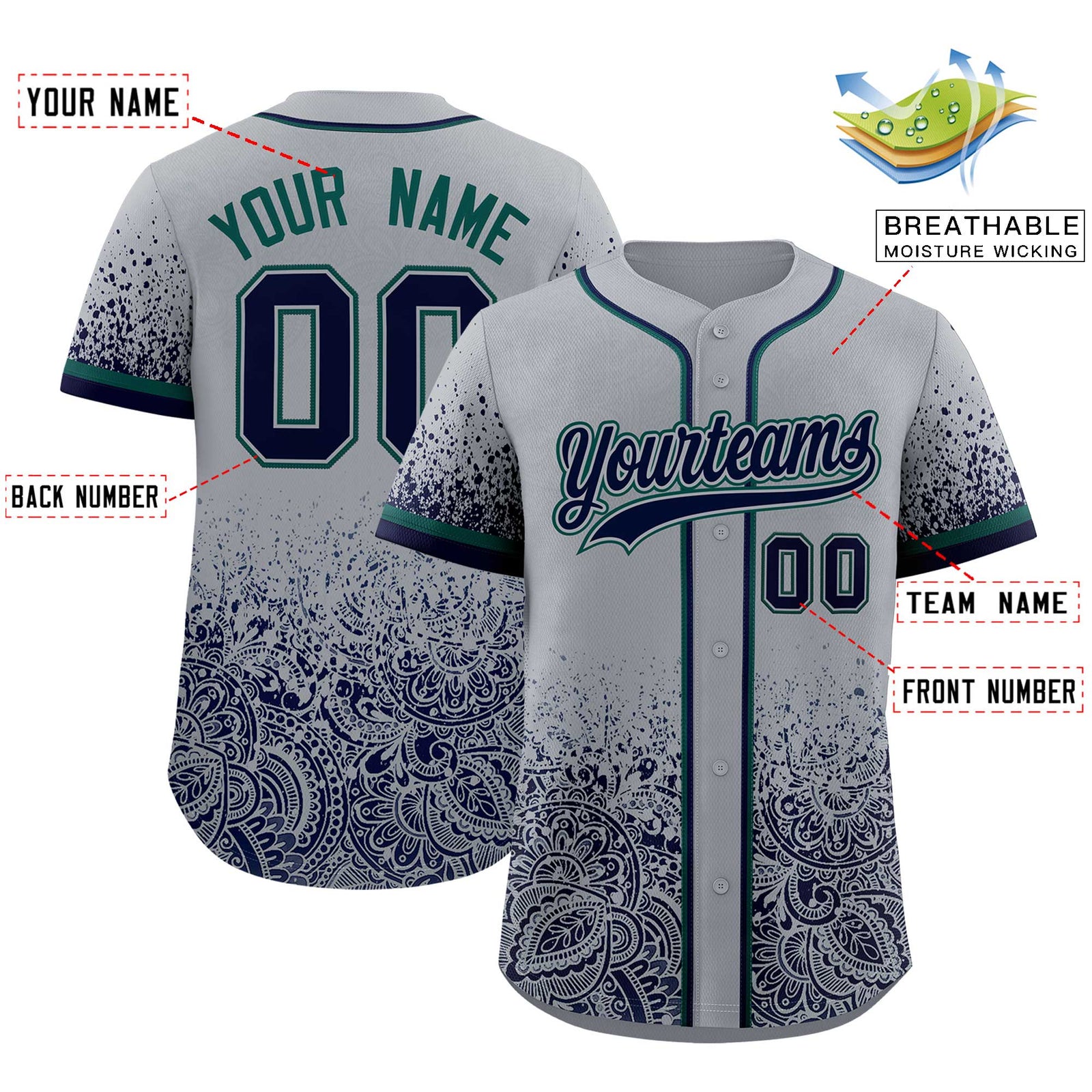 Custom Gray Navy Floral Print Pattern Full Button Gradient Fashion Baseball Jersey