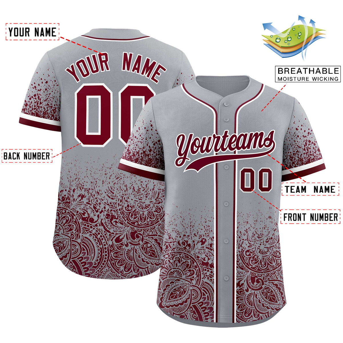 Custom Gray Crimson Floral Print Pattern Full Button Gradient Fashion Baseball Jersey