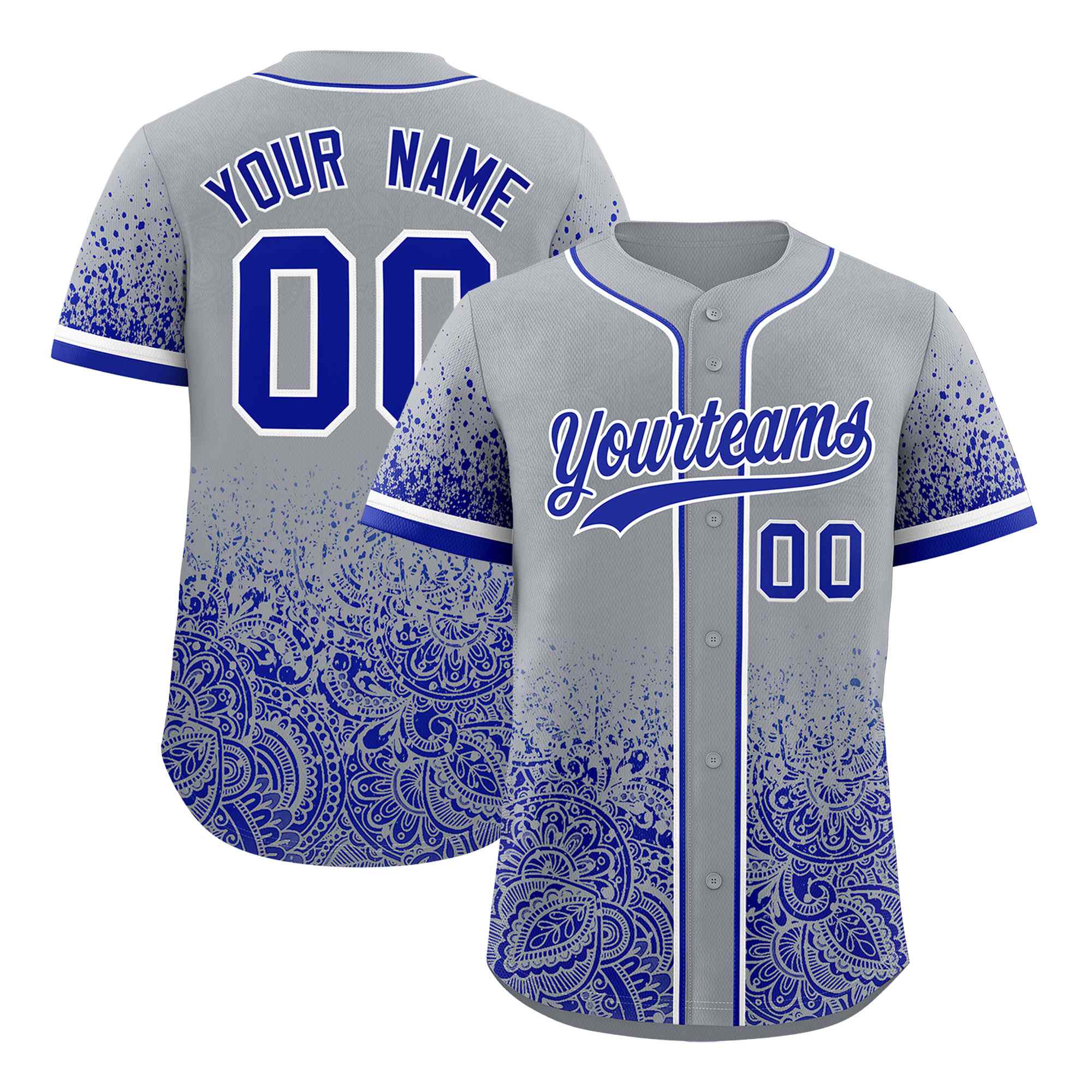 Custom Gray Royal Floral Print Pattern Full Button Gradient Fashion Baseball Jersey