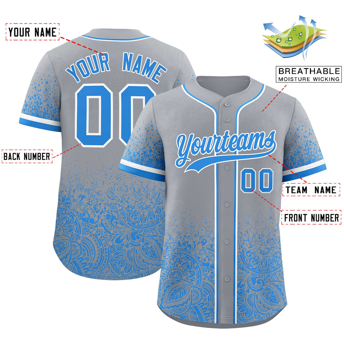 Custom Gray Light Blue Floral Print Pattern Full Button Gradient Fashion Baseball Jersey