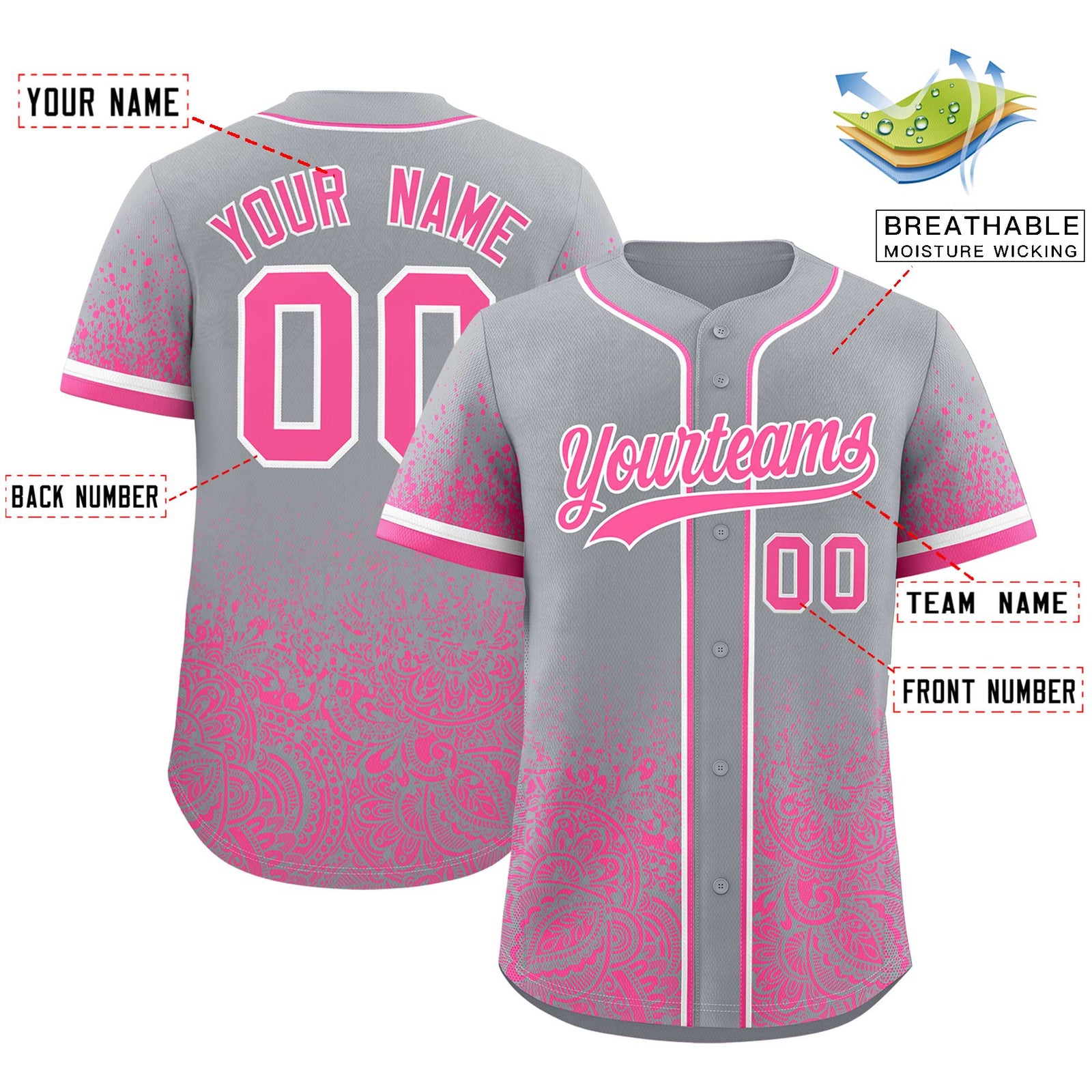 Custom Gray Pink Floral Print Pattern Full Button Gradient Fashion Baseball Jersey