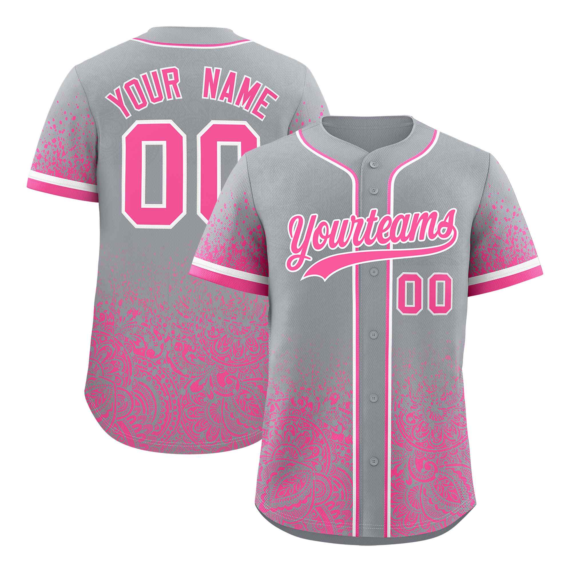 Custom Gray Pink Floral Print Pattern Full Button Gradient Fashion Baseball Jersey