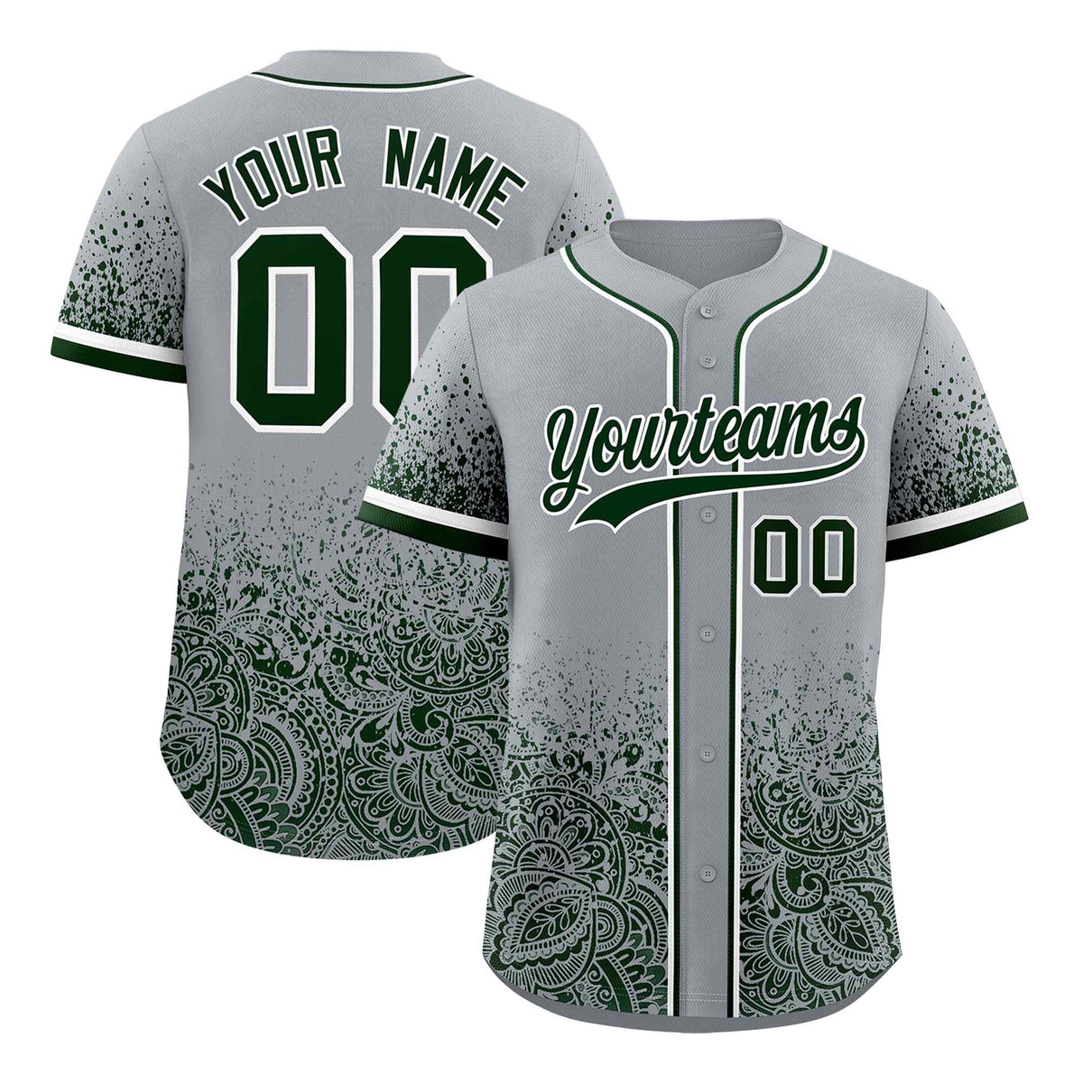 Custom Gray Green Floral Print Pattern Full Button Gradient Fashion Baseball Jersey
