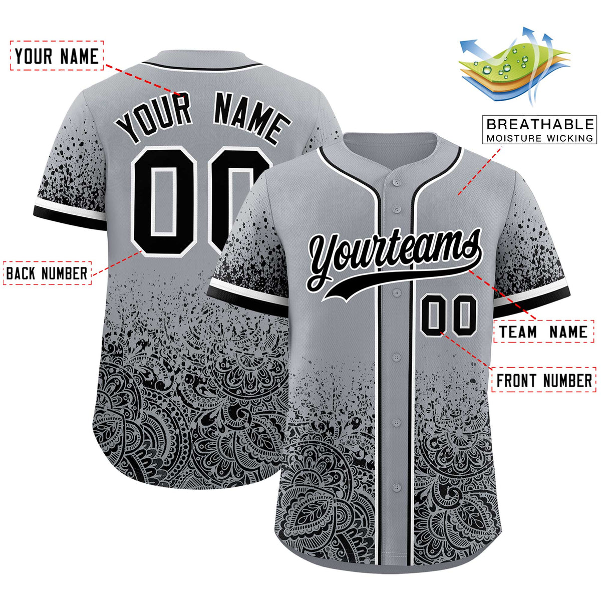 Custom Gray Black Floral Print Pattern Full Button Gradient Fashion Baseball Jersey