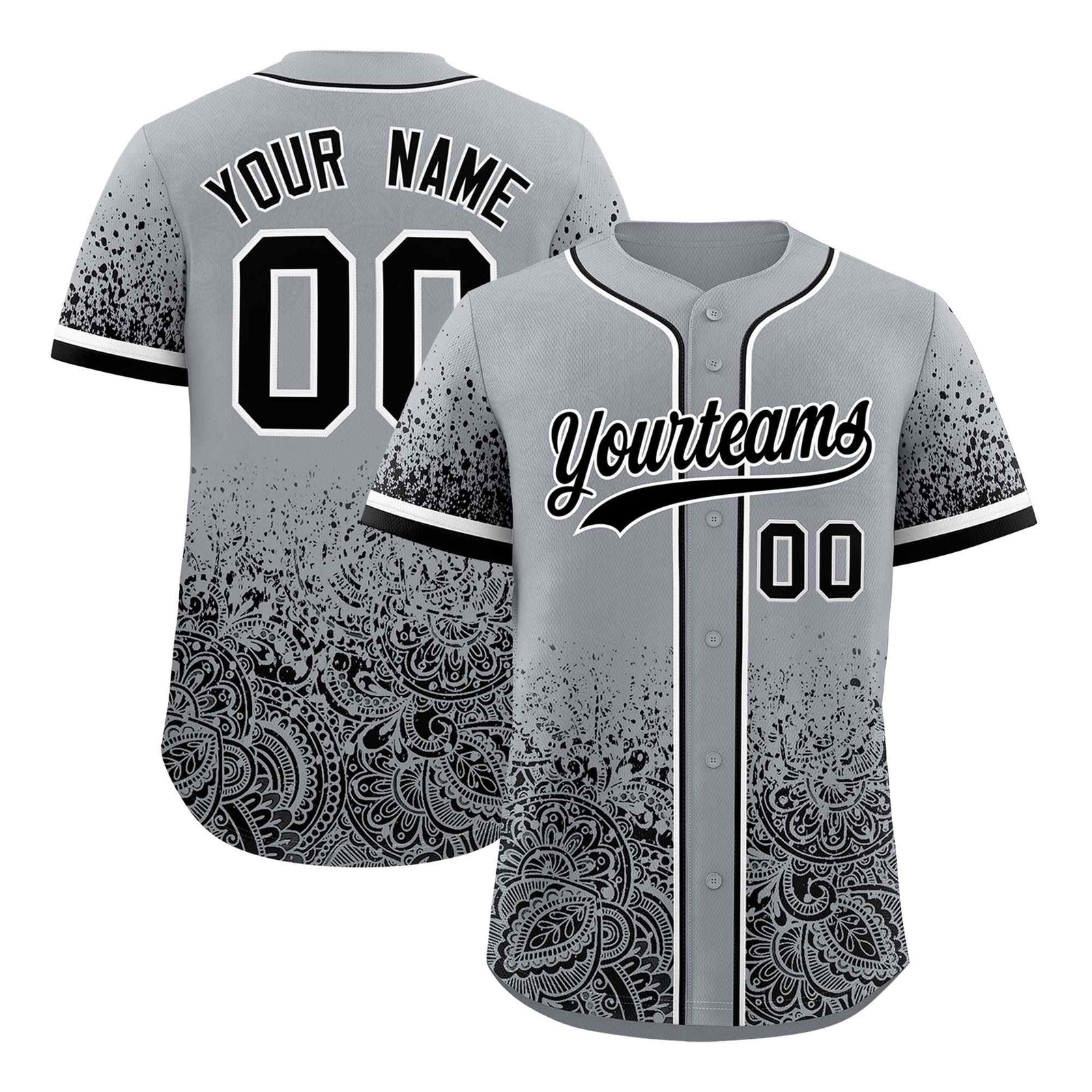 Custom Gray Black Floral Print Pattern Full Button Gradient Fashion Baseball Jersey