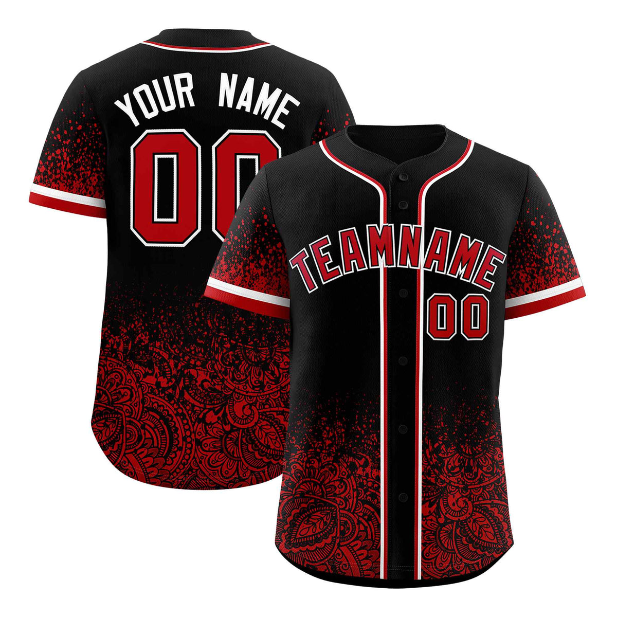 Custom Black Red Floral Print Pattern Full Button Gradient Fashion Baseball Jersey