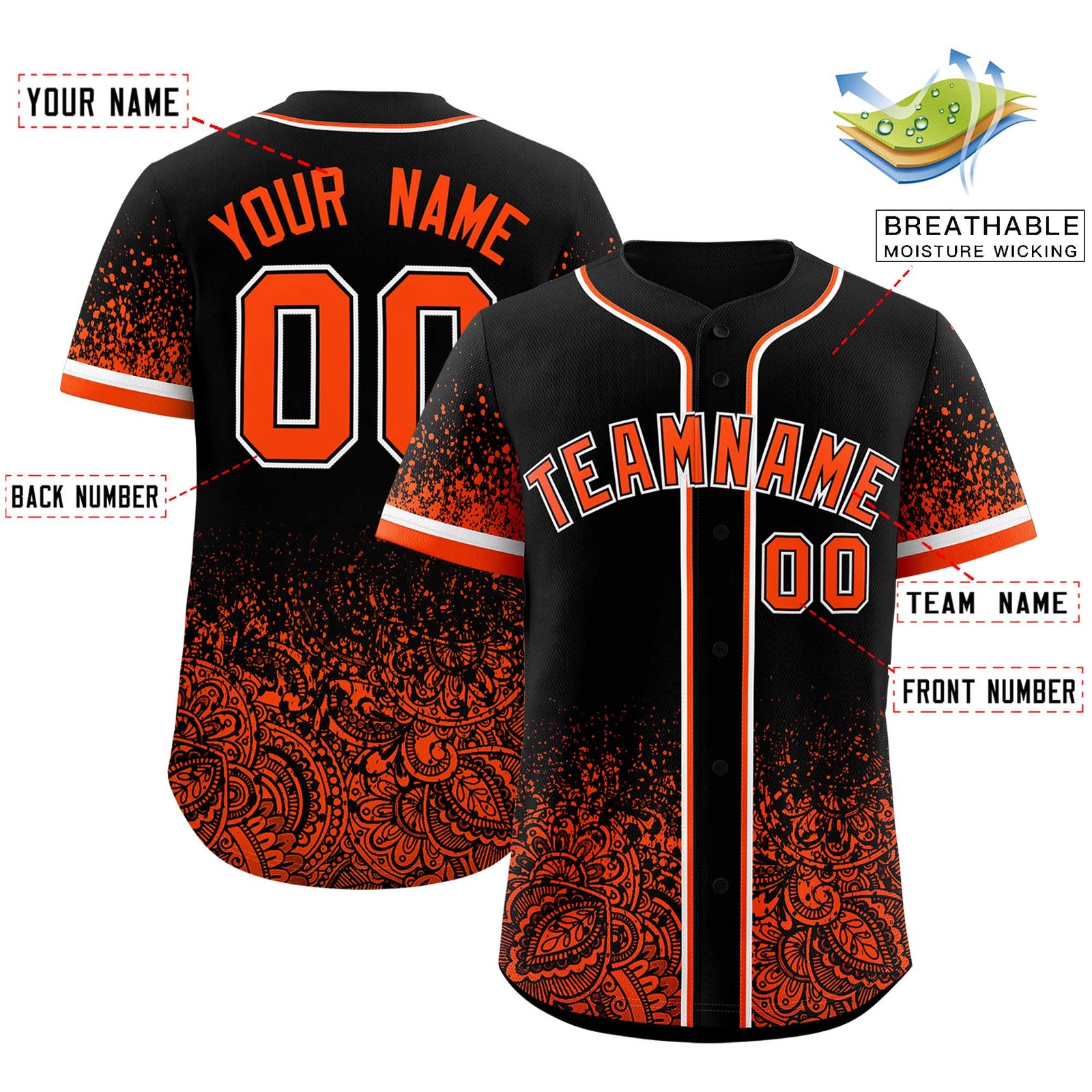 Custom Black Orange Floral Print Pattern Full Button Gradient Fashion Baseball Jersey