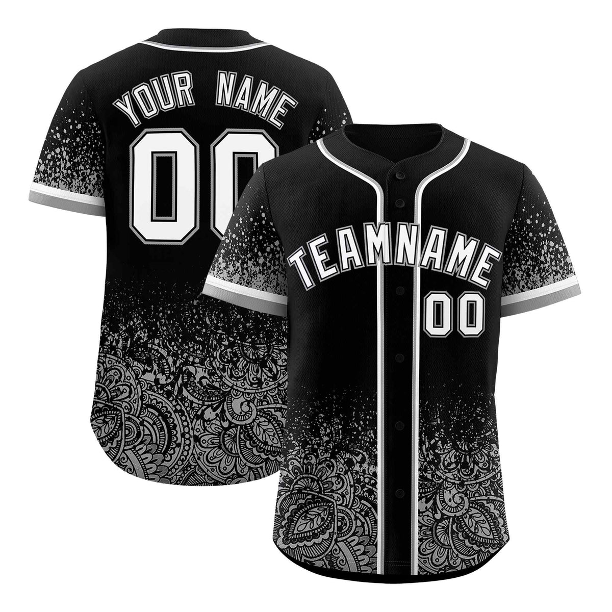 Custom Black Gray Floral Print Pattern Full Button Gradient Fashion Baseball Jersey