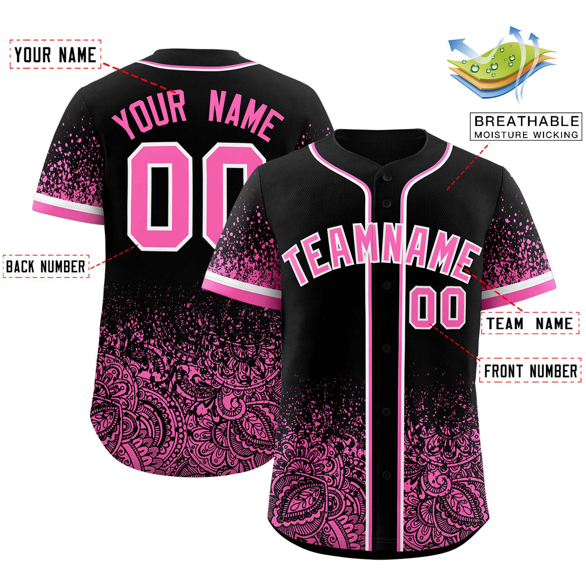 Custom Black Pink Floral Print Pattern Full Button Gradient Fashion Baseball Jersey