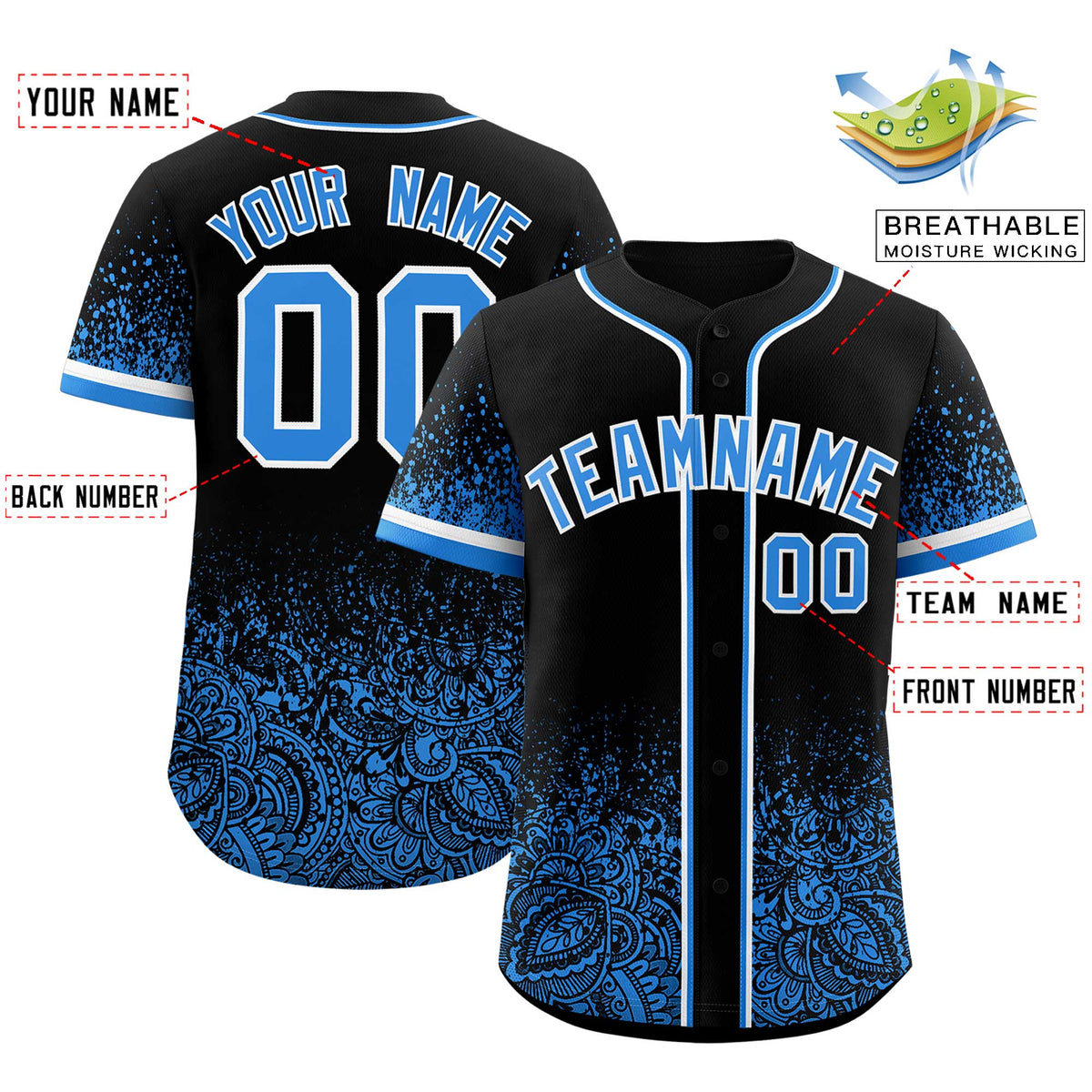 Custom Black Light Blue Floral Print Pattern Full Button Gradient Fashion Baseball Jersey