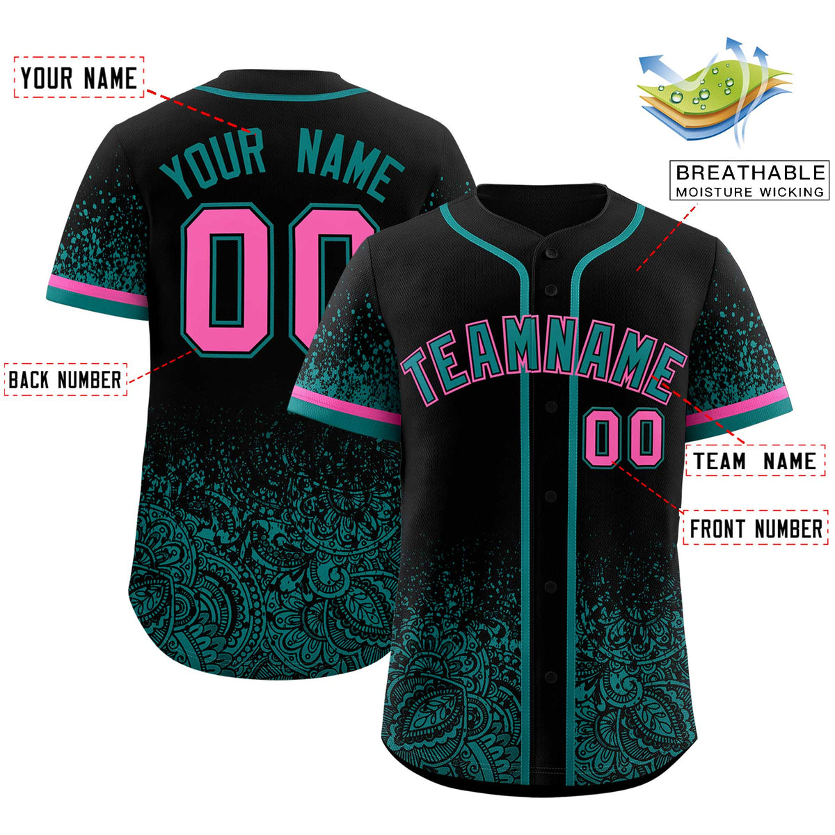 Custom Black Teal Floral Print Pattern Full Button Gradient Fashion Baseball Jersey