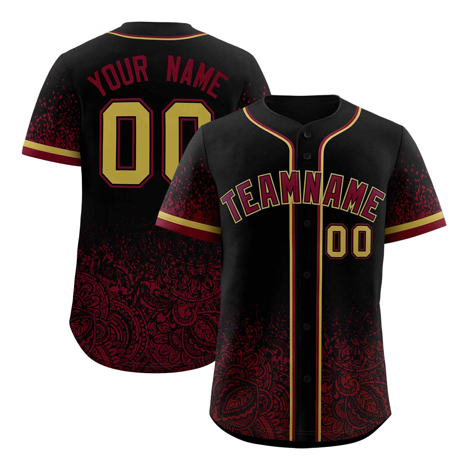 Custom Black Crimson Floral Print Pattern Full Button Gradient Fashion Baseball Jersey