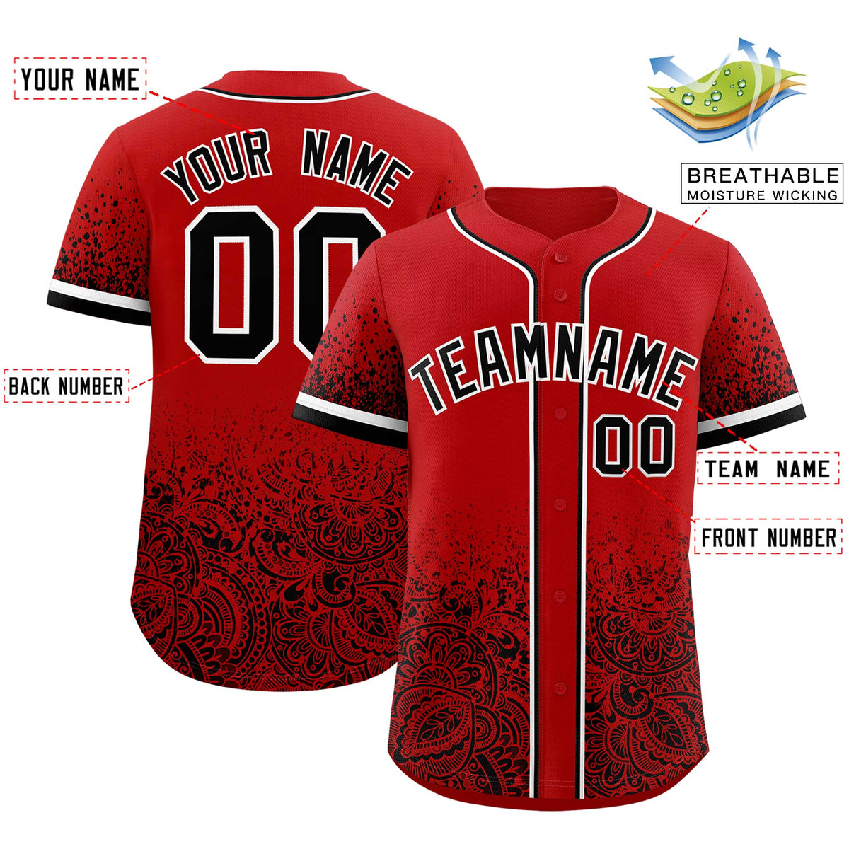 Custom Red Black Floral Print Pattern Full Button Gradient Fashion Baseball Jersey