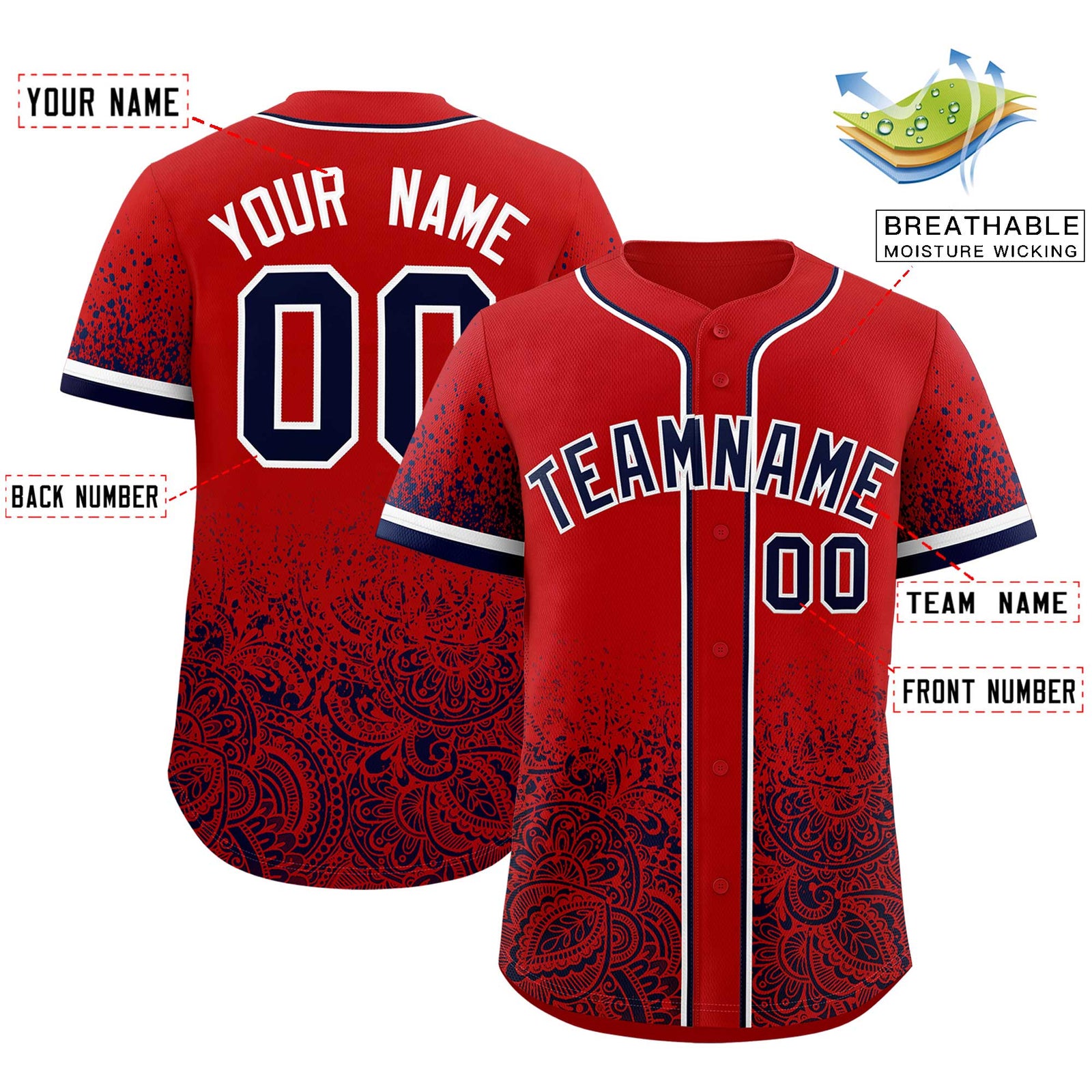 Custom Red Navy Floral Print Pattern Full Button Gradient Fashion Baseball Jersey