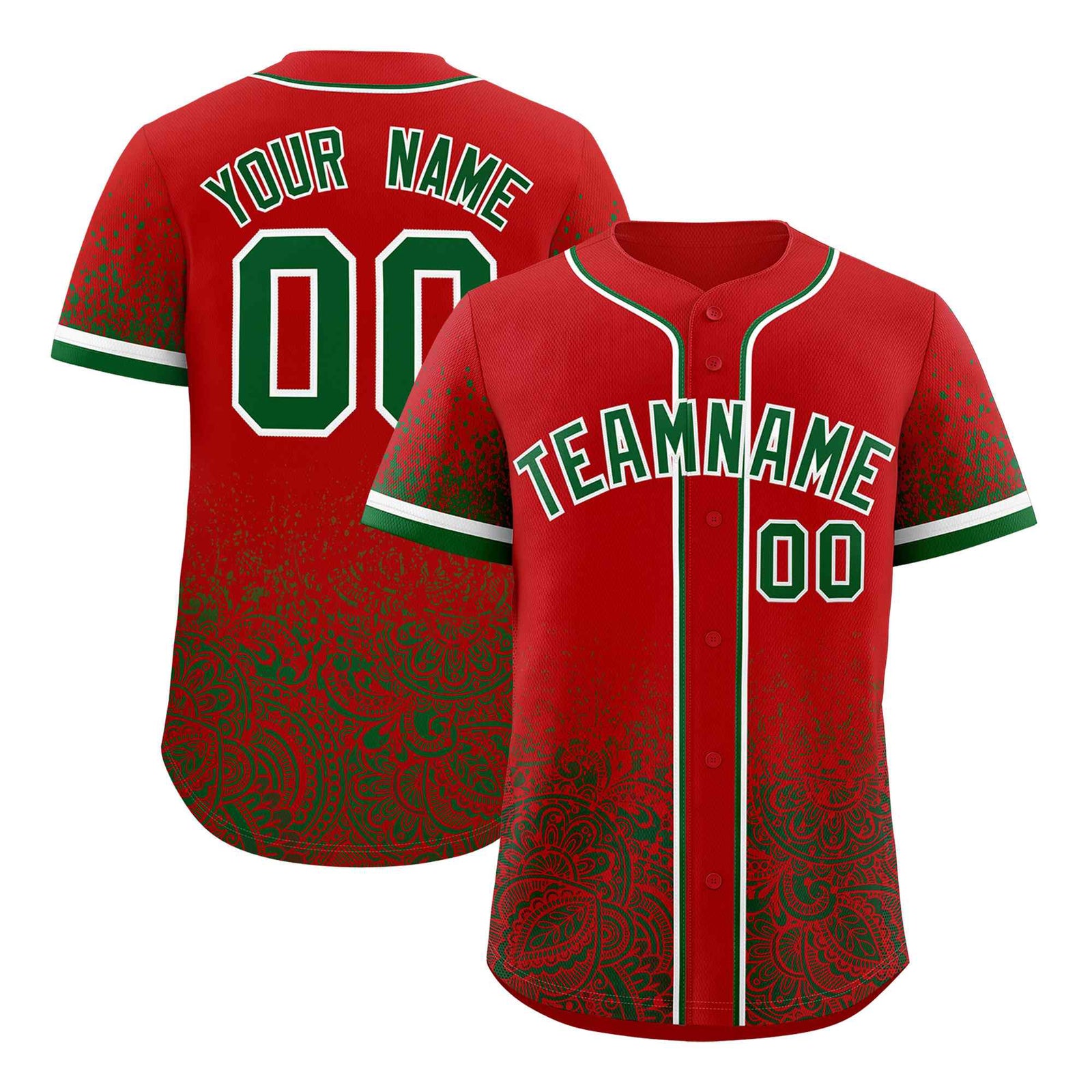 Custom Red Kelly Green Floral Print Pattern Full Button Gradient Fashion Baseball Jersey