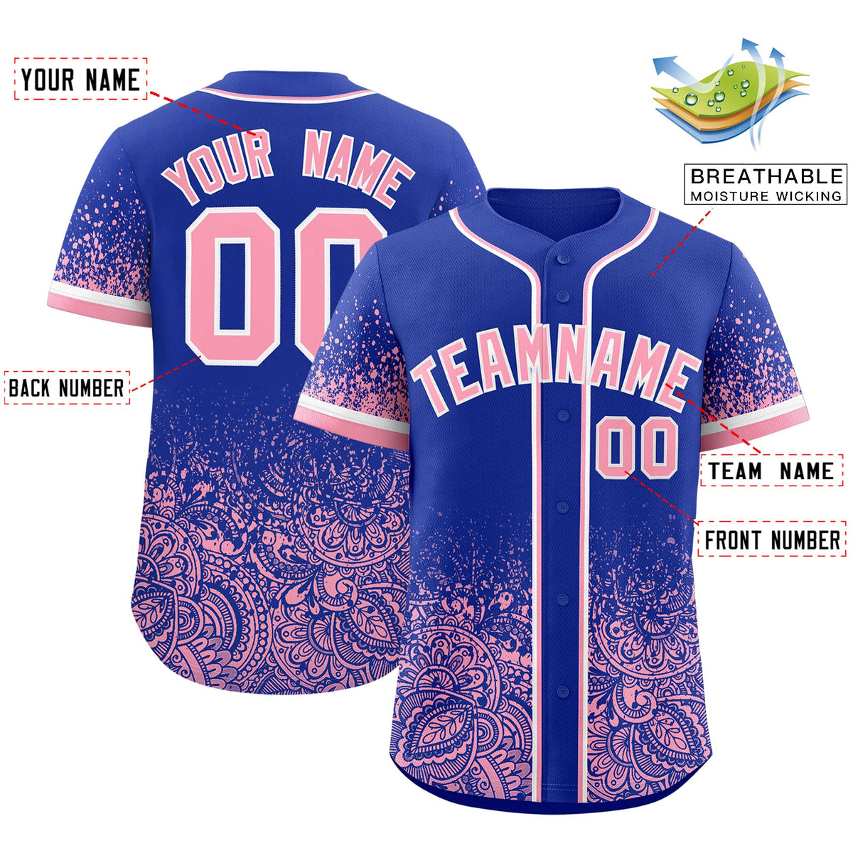 Custom Royal Light Pink Floral Print Pattern Full Button Gradient Fashion Baseball Jersey