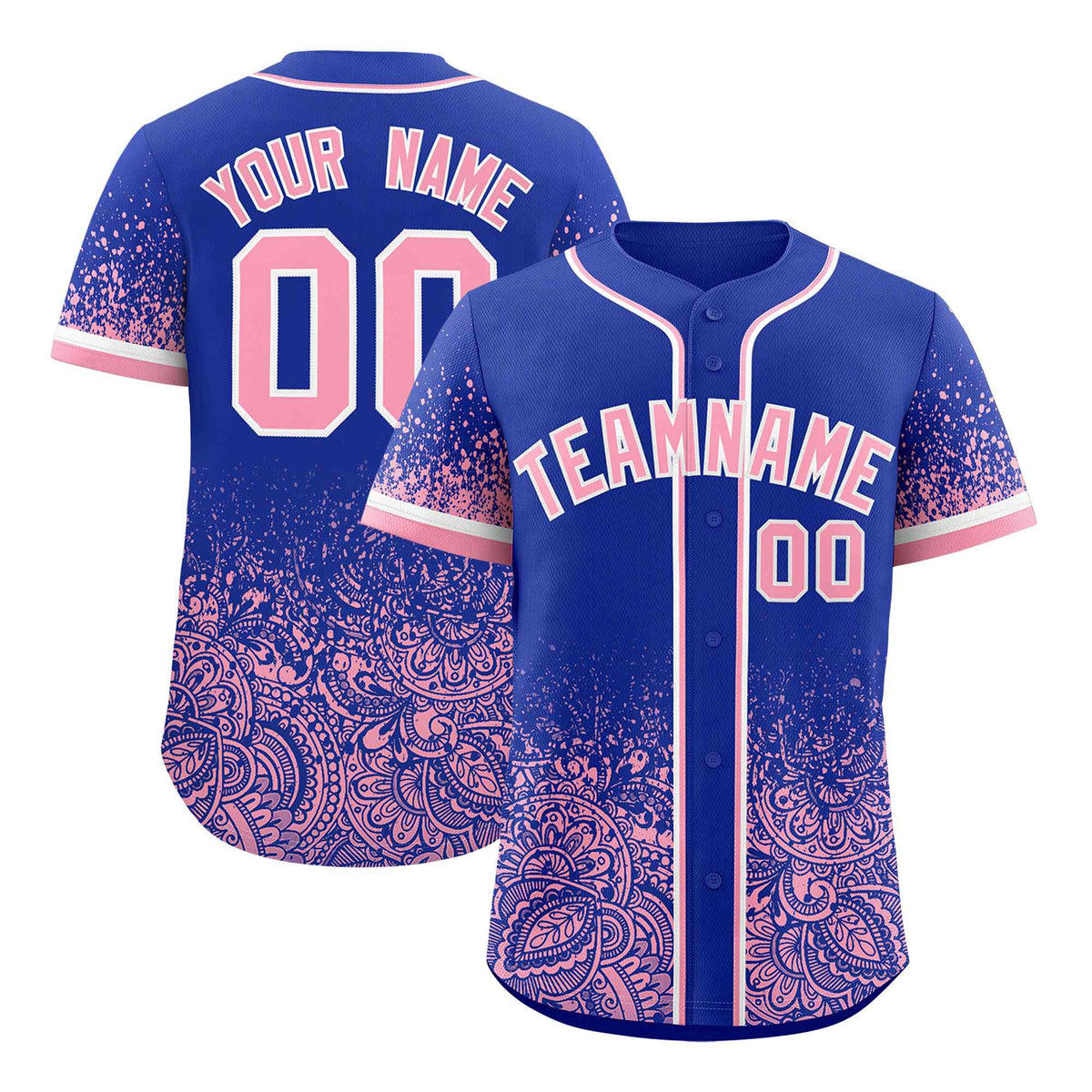 Custom Royal Light Pink Floral Print Pattern Full Button Gradient Fashion Baseball Jersey