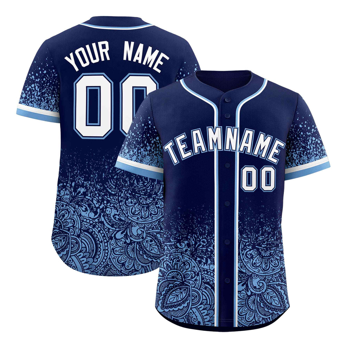 Custom Navy Powder Blue Floral Print Pattern Full Button Gradient Fashion Baseball Jersey