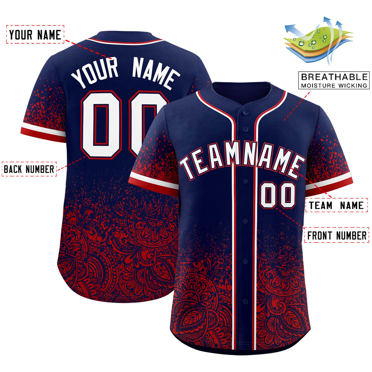 Custom Navy Red Floral Print Pattern Full Button Gradient Fashion Baseball Jersey