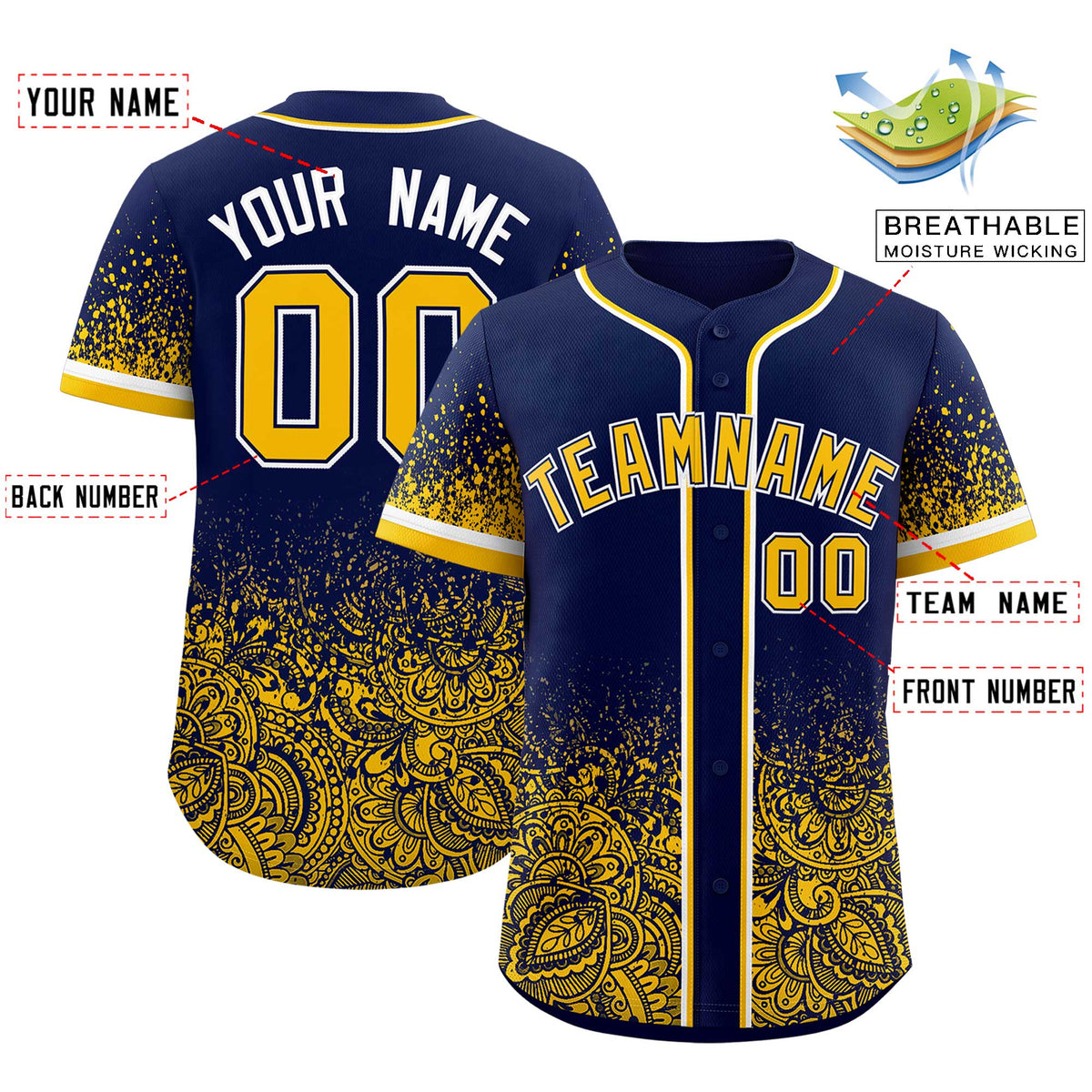 Custom Navy Yellow Floral Print Pattern Full Button Gradient Fashion Baseball Jersey