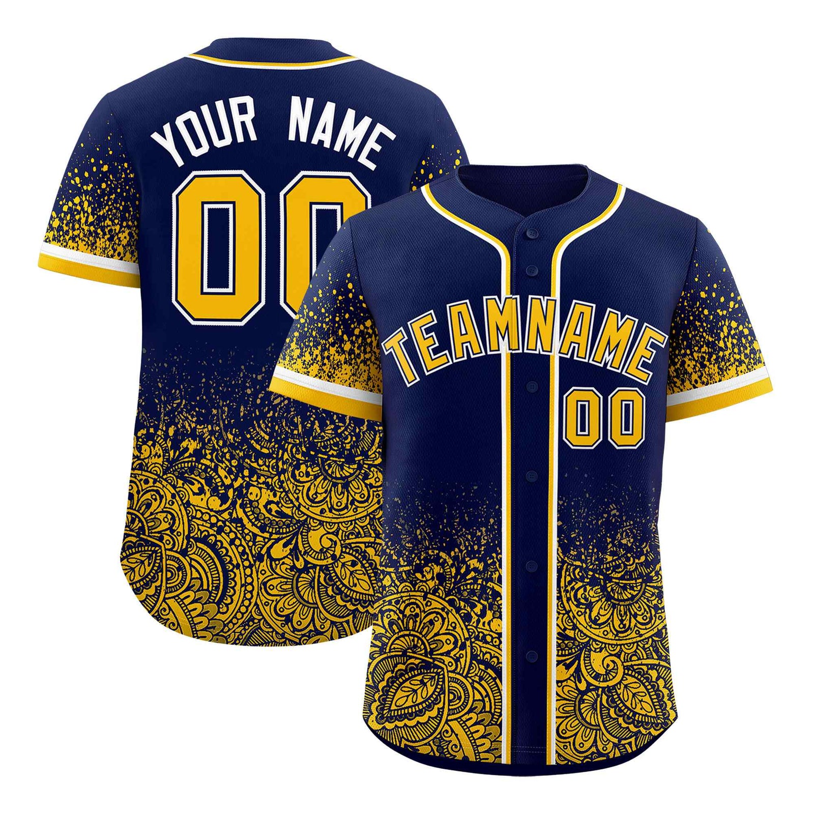 Custom Navy Yellow Floral Print Pattern Full Button Gradient Fashion Baseball Jersey