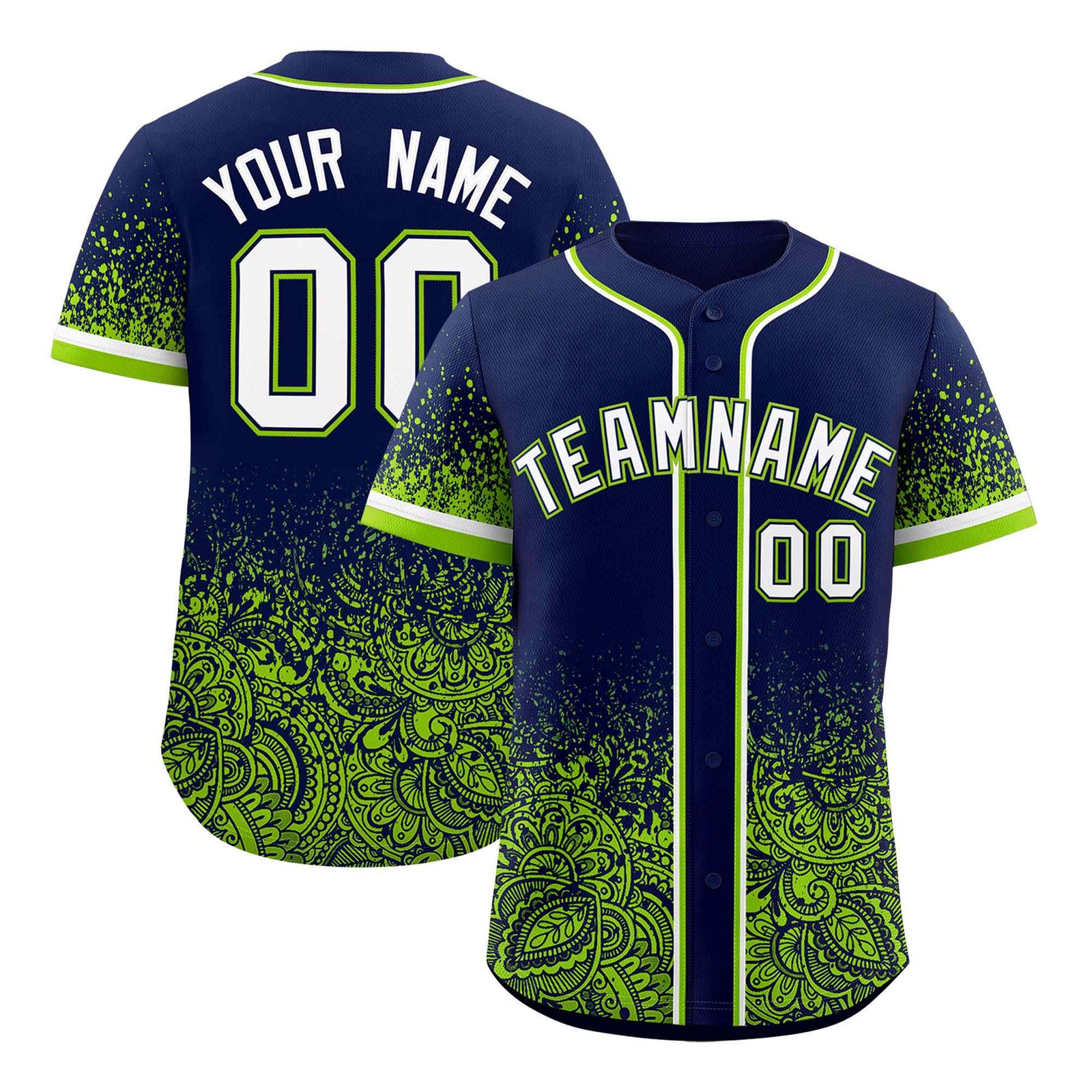 Custom Navy Neon Green Floral Print Pattern Full Button Gradient Fashion Baseball Jersey