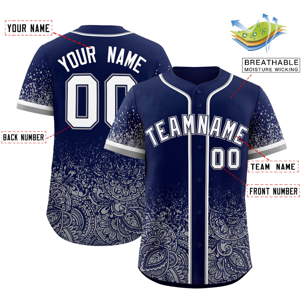 Custom Navy Gray Floral Print Pattern Full Button Gradient Fashion Baseball Jersey