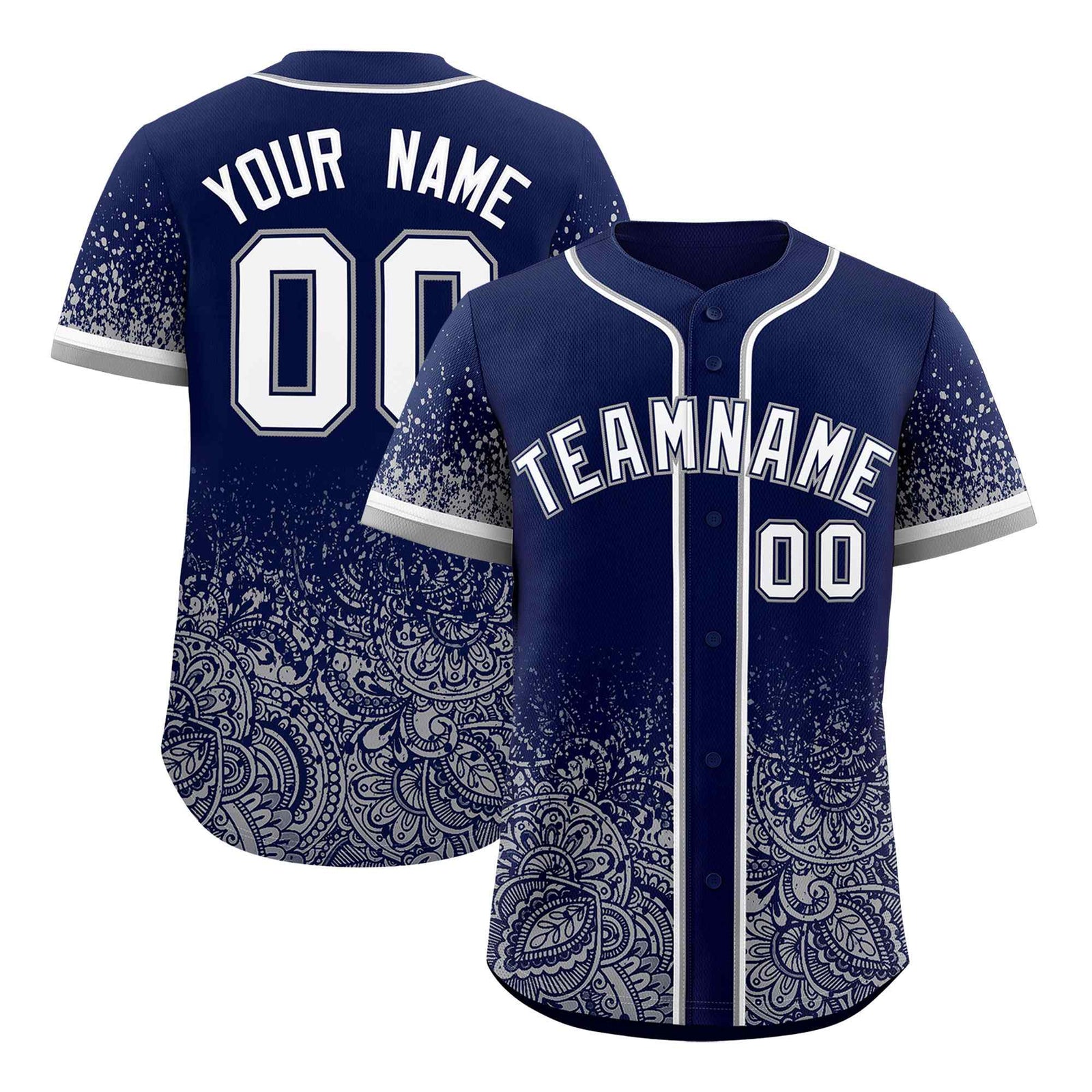 Custom Navy Gray Floral Print Pattern Full Button Gradient Fashion Baseball Jersey