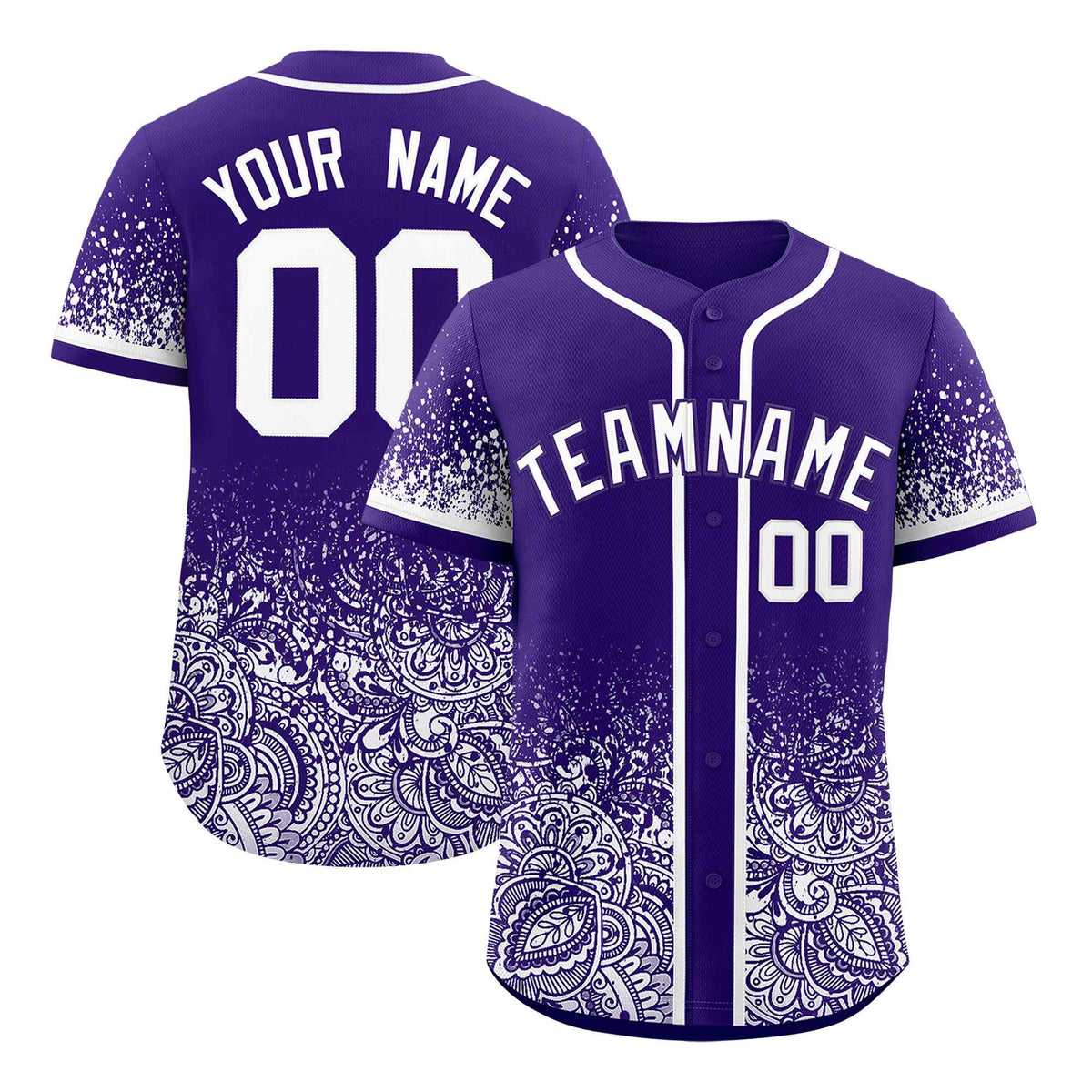 Custom Purple White Floral Print Pattern Full Button Gradient Fashion Baseball Jersey
