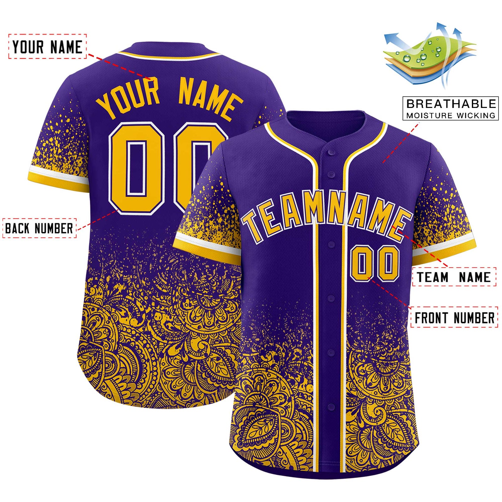 Custom Purple Yellow Floral Print Pattern Full Button Gradient Fashion Baseball Jersey