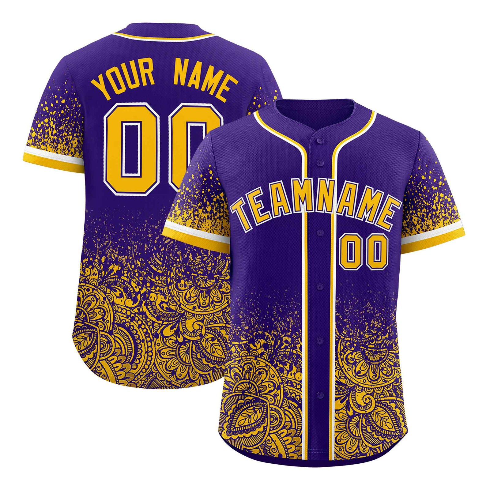 Custom Purple Yellow Floral Print Pattern Full Button Gradient Fashion Baseball Jersey