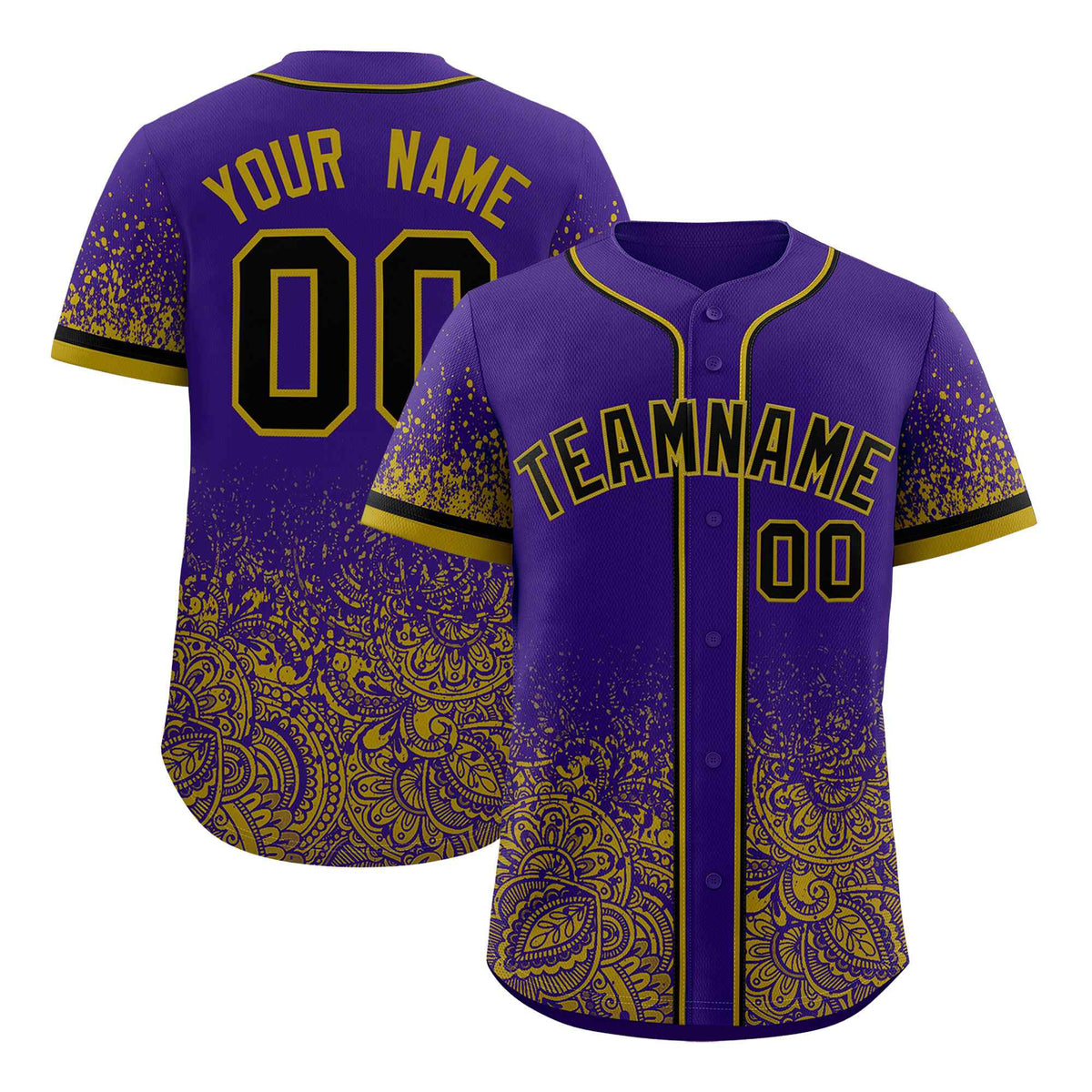 Custom Purple Old Gold Floral Print Pattern Full Button Gradient Fashion Baseball Jersey