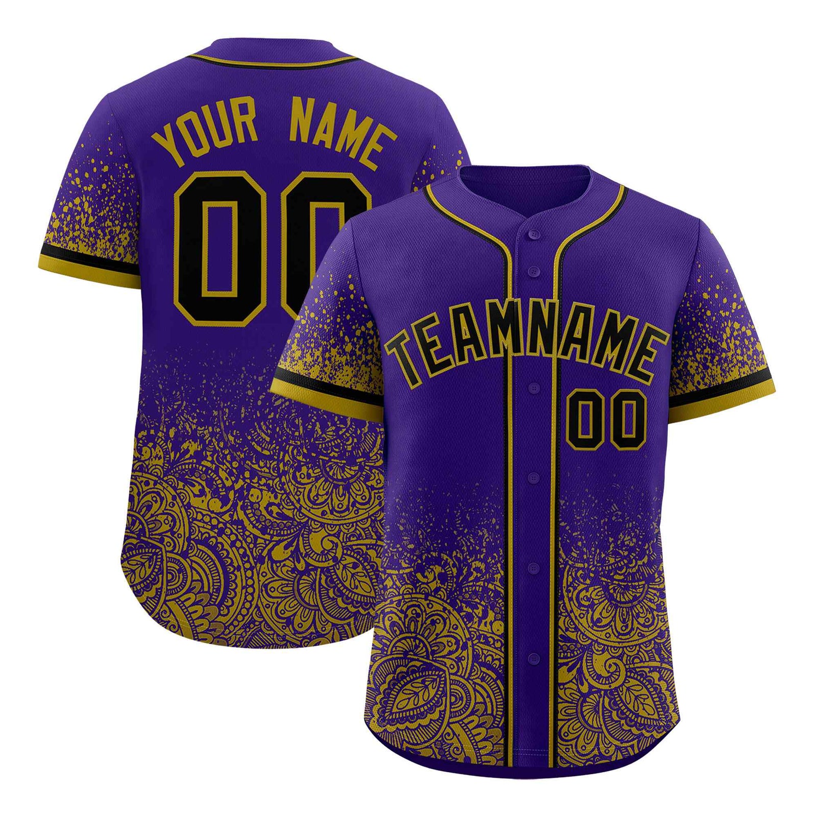Custom Purple Old Gold Floral Print Pattern Full Button Gradient Fashion Baseball Jersey