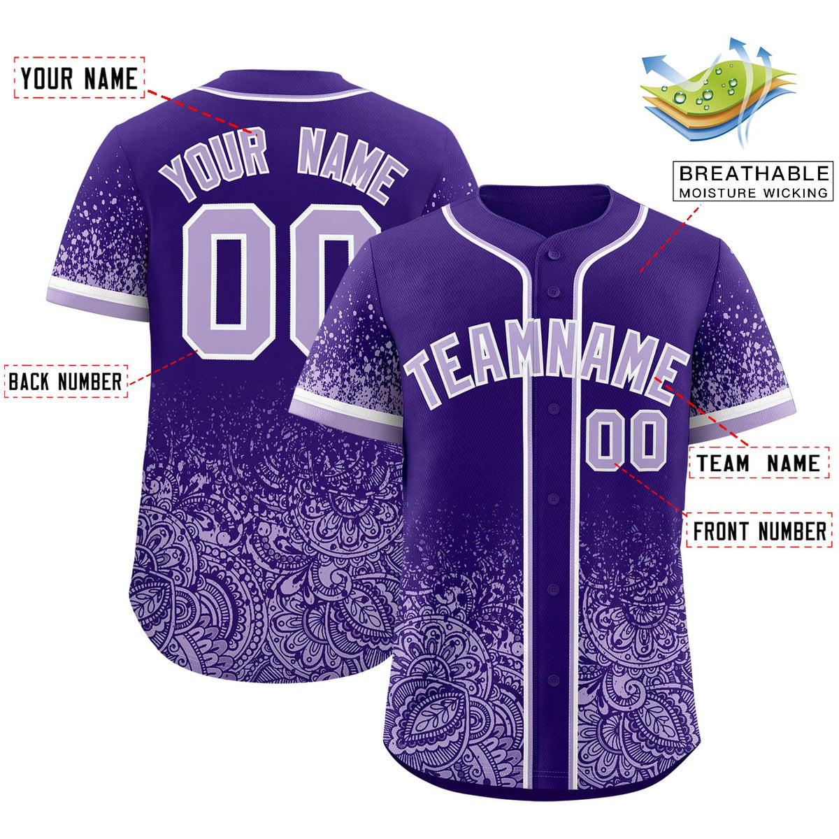 Custom Purple Light Purple Floral Print Pattern Full Button Gradient Fashion Baseball Jersey