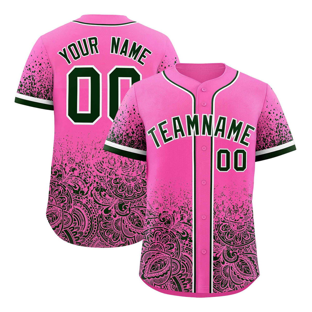 Custom Pink Green Floral Print Pattern Full Button Gradient Fashion Baseball Jersey
