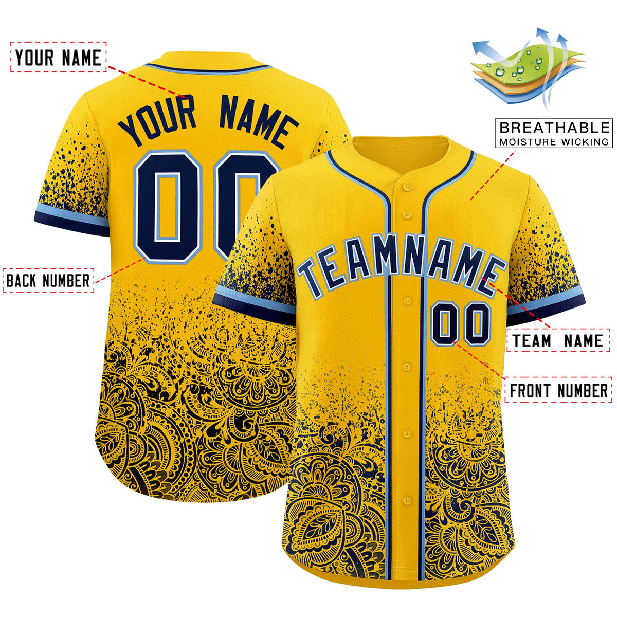 Custom Yellow Navy Floral Print Pattern Full Button Gradient Fashion Baseball Jersey