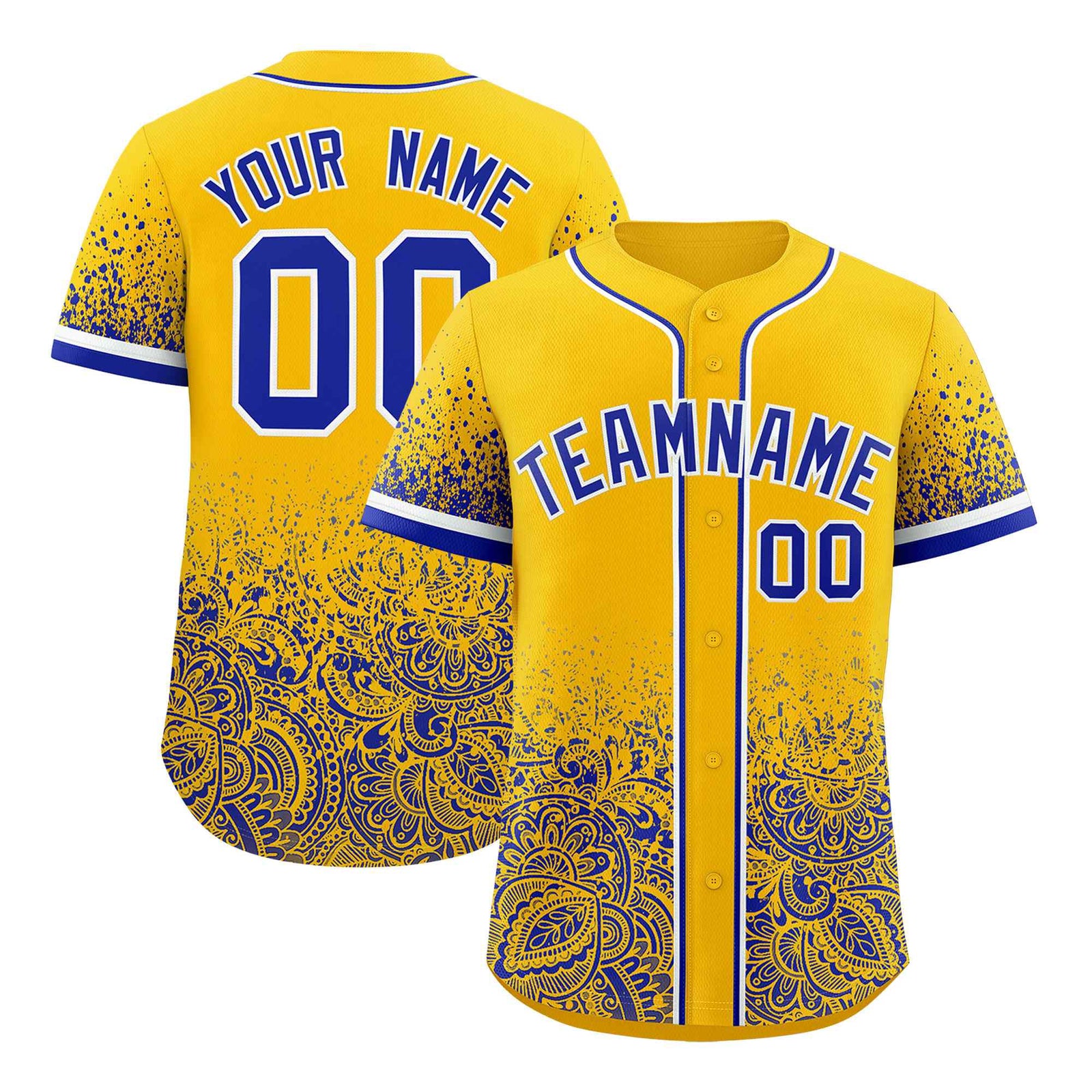 Custom Yellow Royal Floral Print Pattern Full Button Gradient Fashion Baseball Jersey