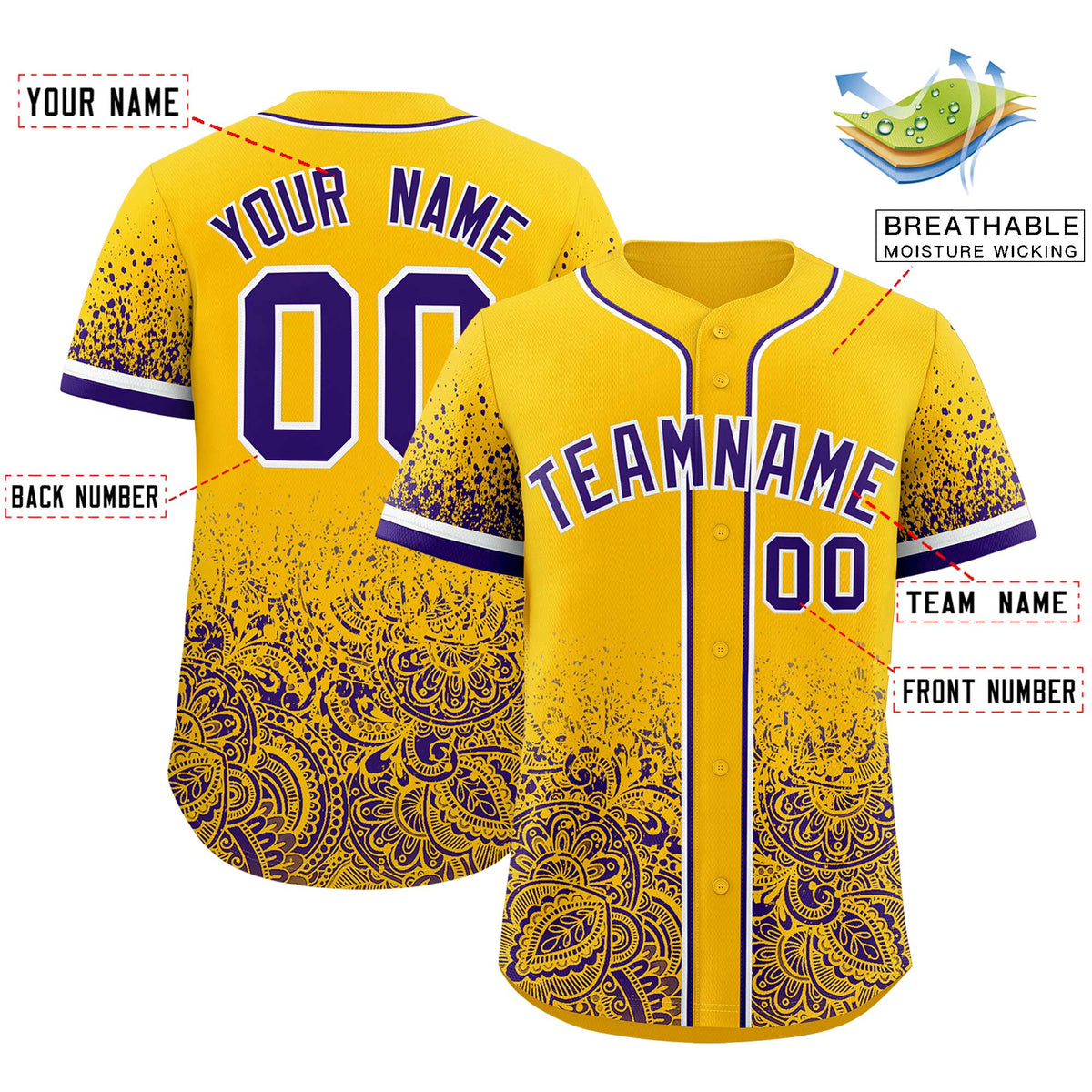 Custom Yellow Purple Floral Print Pattern Full Button Gradient Fashion Baseball Jersey